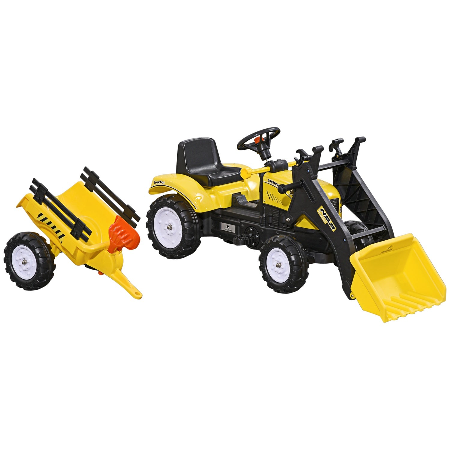 Gul pedaltraktor och släp för barn 3+ med spade