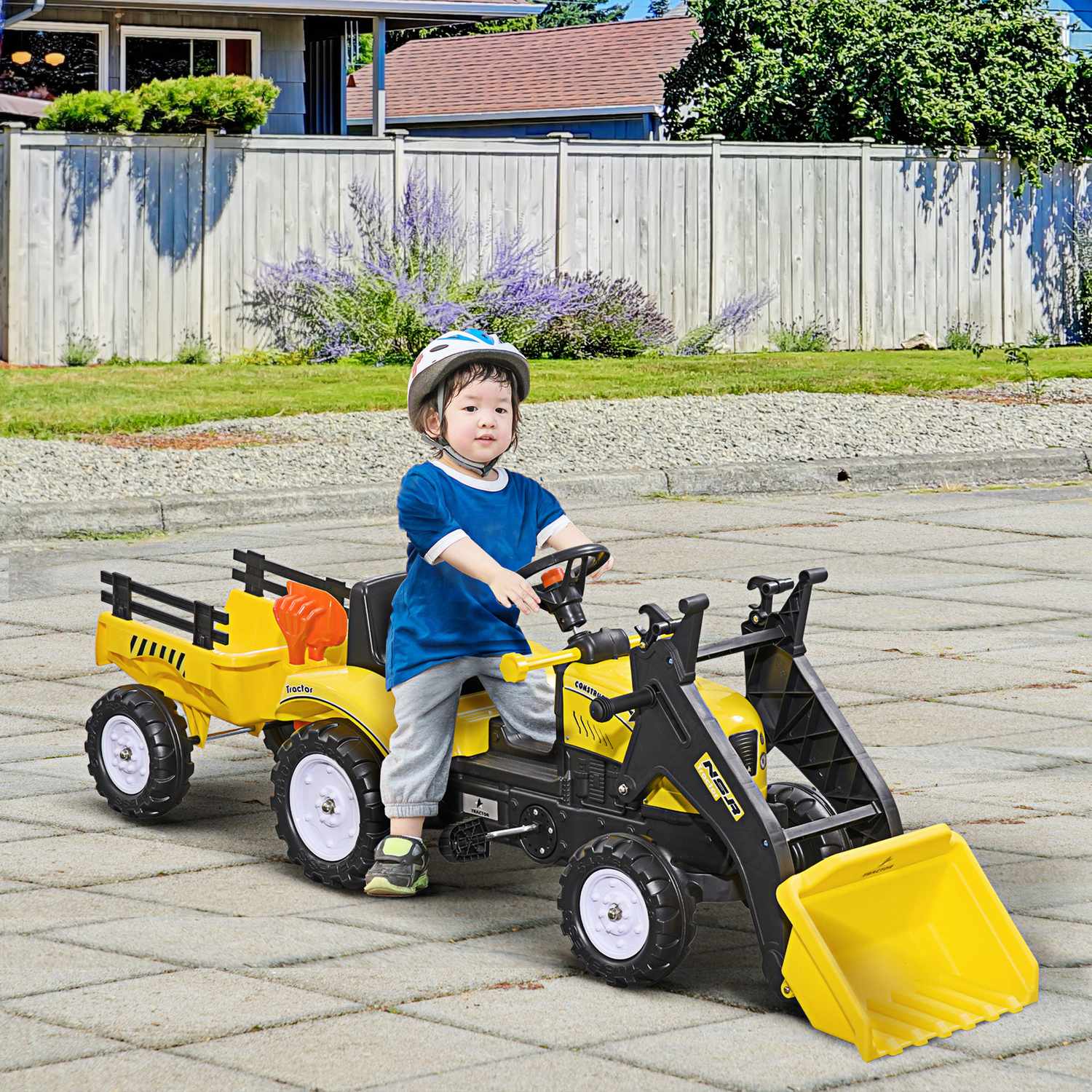 Gul pedaltraktor och släp för barn 3+ med spade