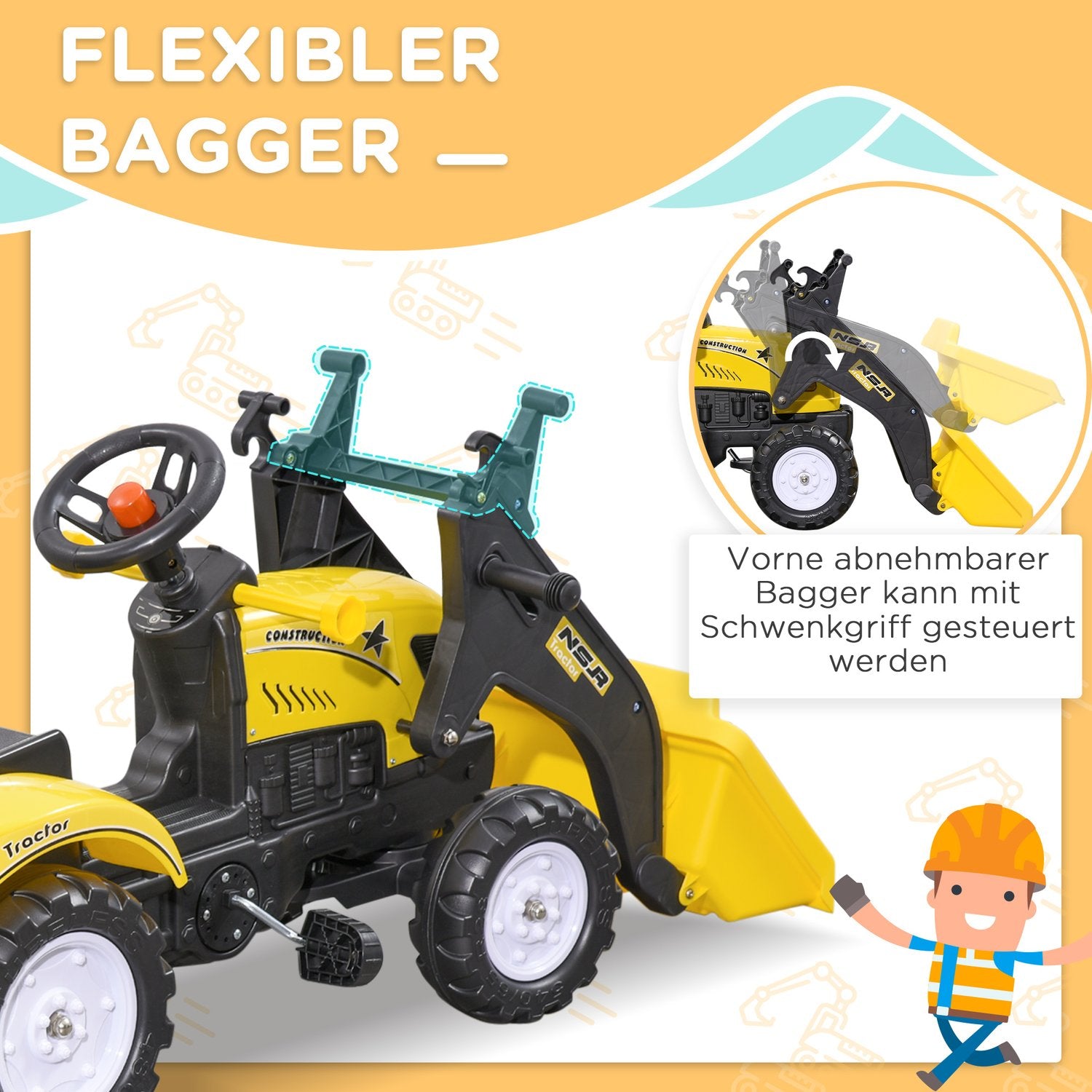 Gul pedaltraktor och släp för barn 3+ med spade