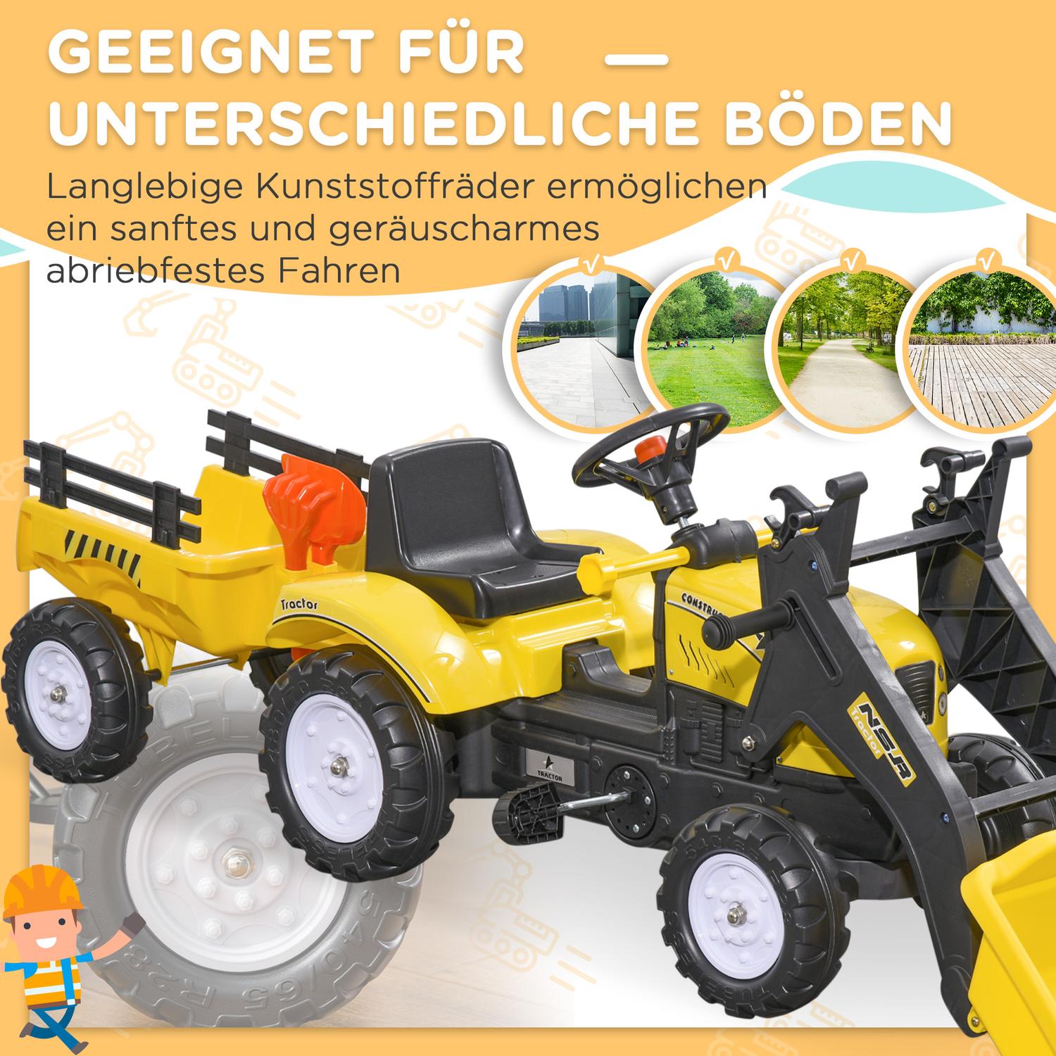 Gul pedaltraktor och släp för barn 3+ med spade