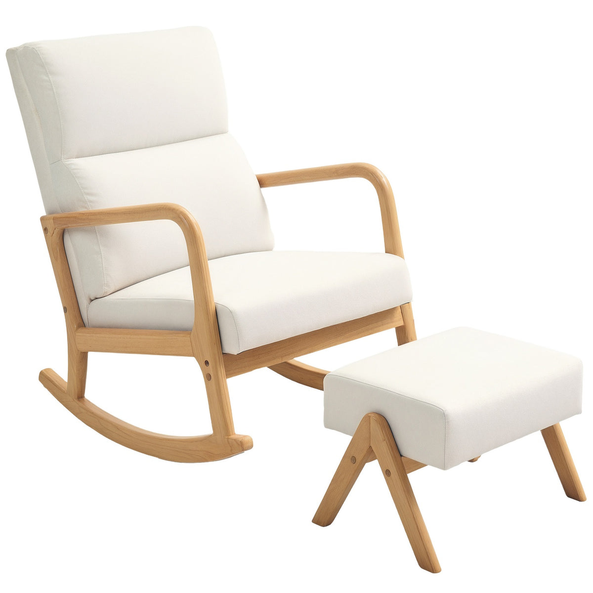 Chaise à bascule aspect lin blanc crème avec tabouret – capacité 150 kg