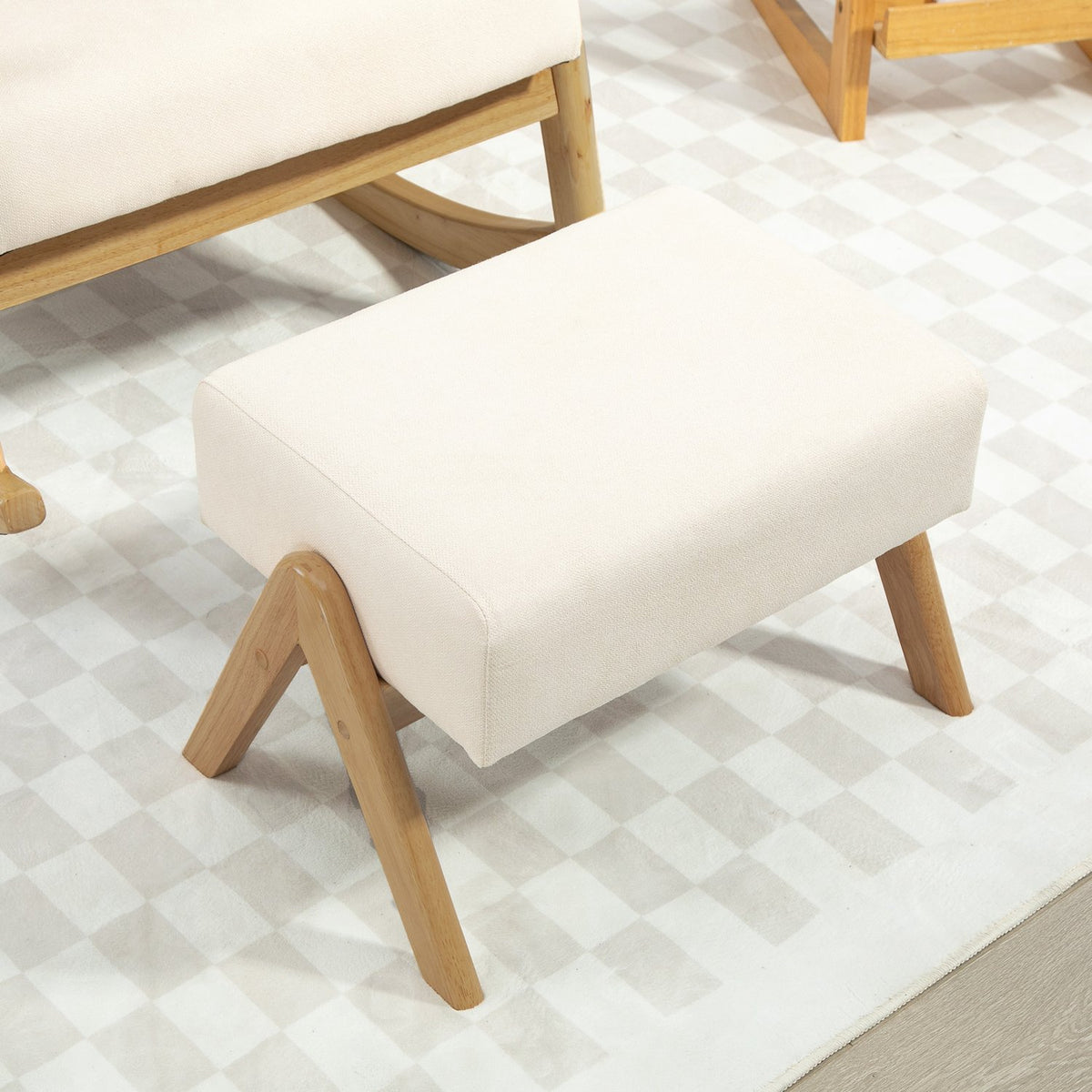 Chaise à bascule aspect lin blanc crème avec tabouret – capacité 150 kg