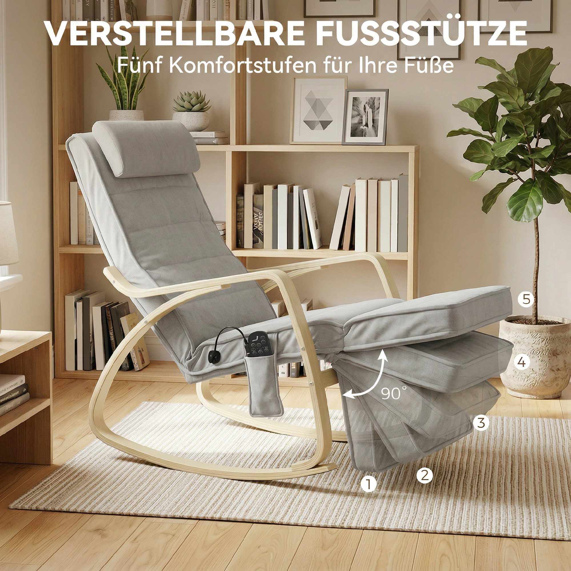 Gungstol med massage, värme, nackstöd och fotstöd, sammet, ljusgrå