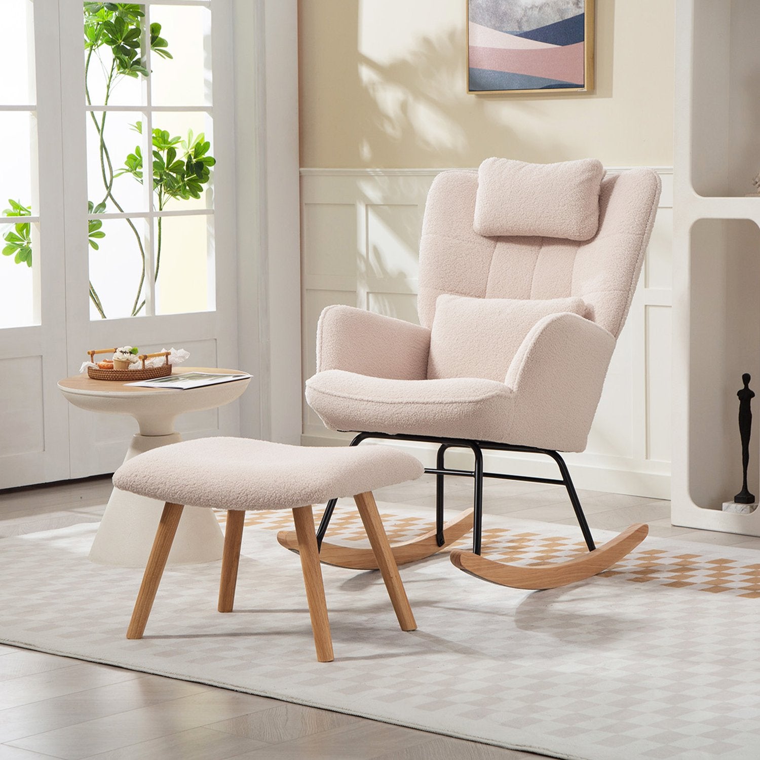 Gungstol med ottomansk, fleeceöverdrag, träben, beige