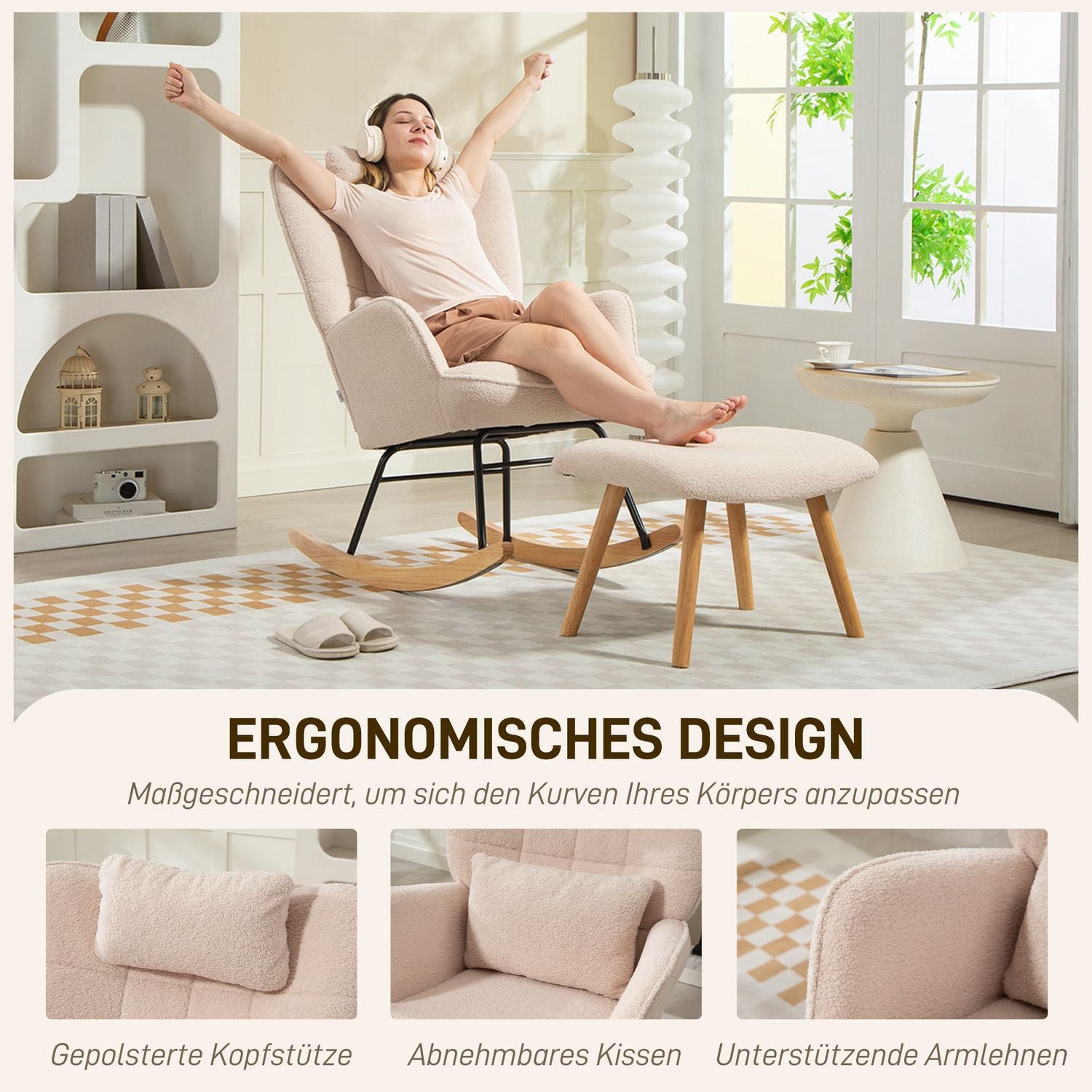 Gungstol med ottomansk, fleeceöverdrag, träben, beige