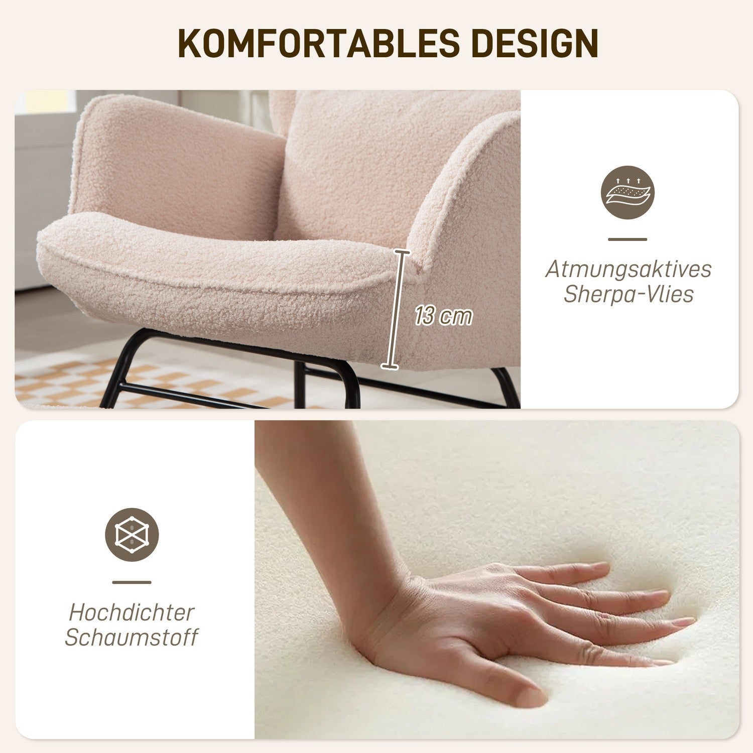 Gungstol med ottomansk, fleeceöverdrag, träben, beige