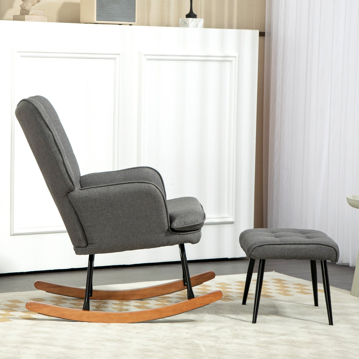 Chaise à bascule avec tabouret – aspect lin, capacité 130 kg