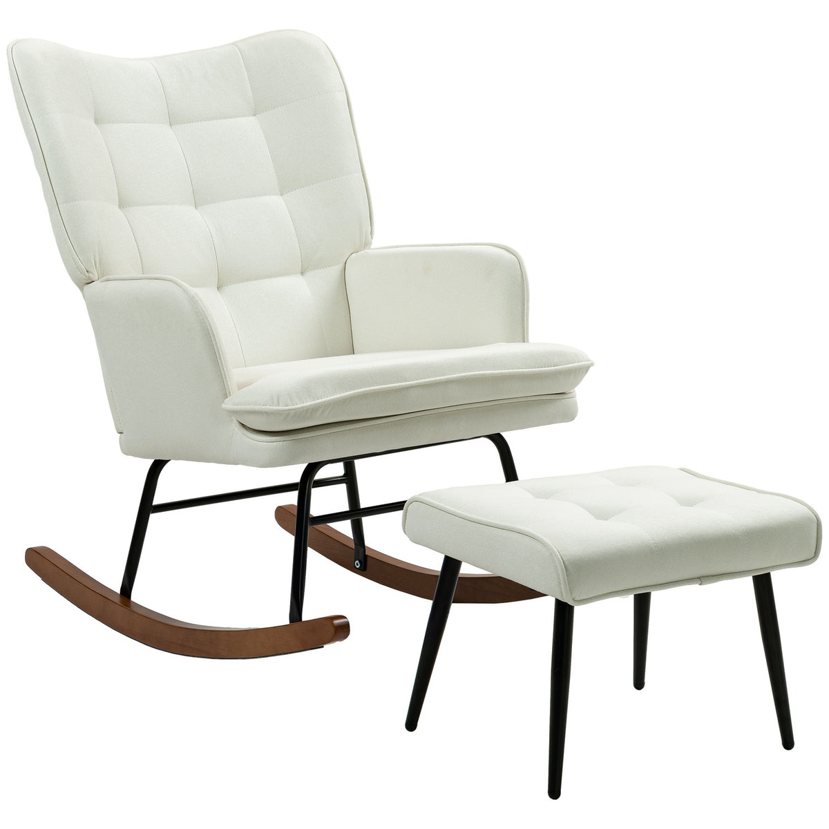 Chaise à bascule avec tabouret, aspect lin, supporte 130 kg