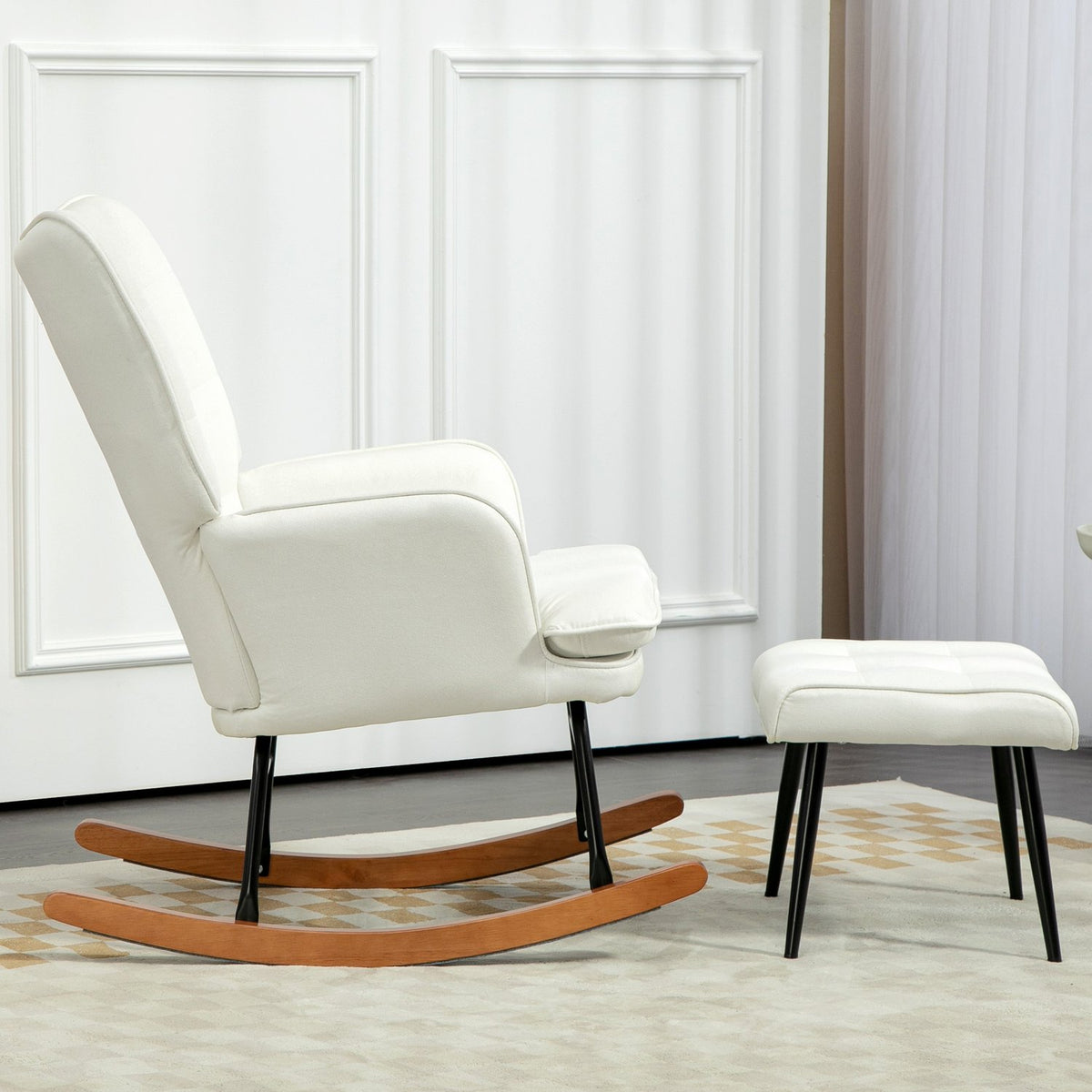 Chaise à bascule avec tabouret, aspect lin, supporte 130 kg