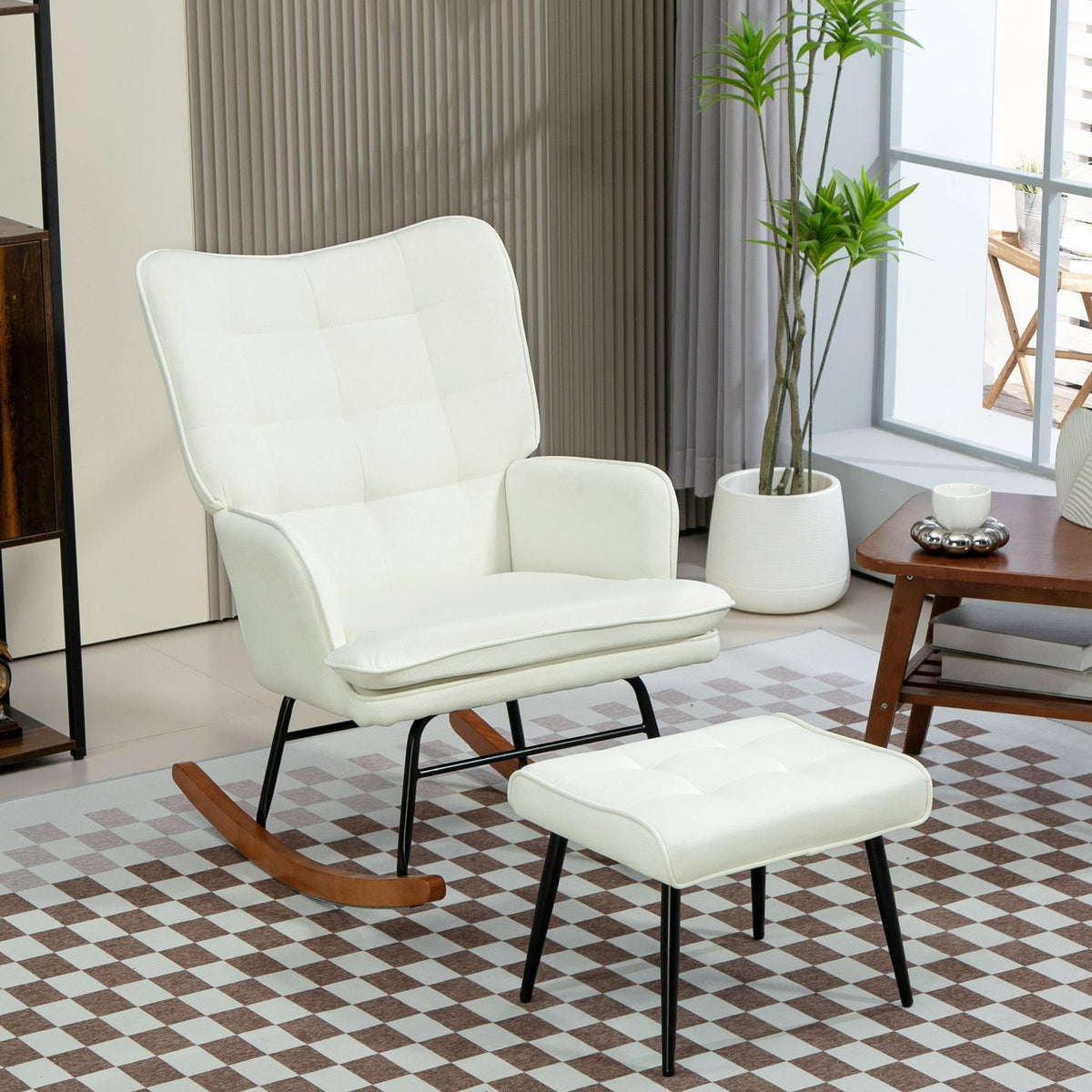 Chaise à bascule avec tabouret, aspect lin, supporte 130 kg