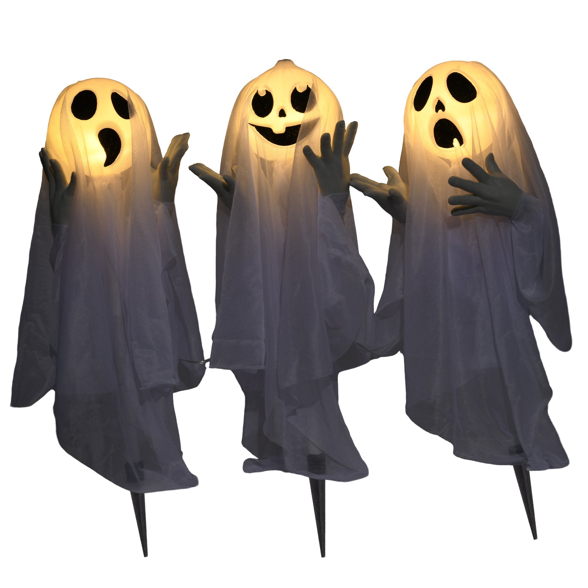 Halloweendekoration – 3 lysande spöken, rörelsesensor, 54x10x60 cm