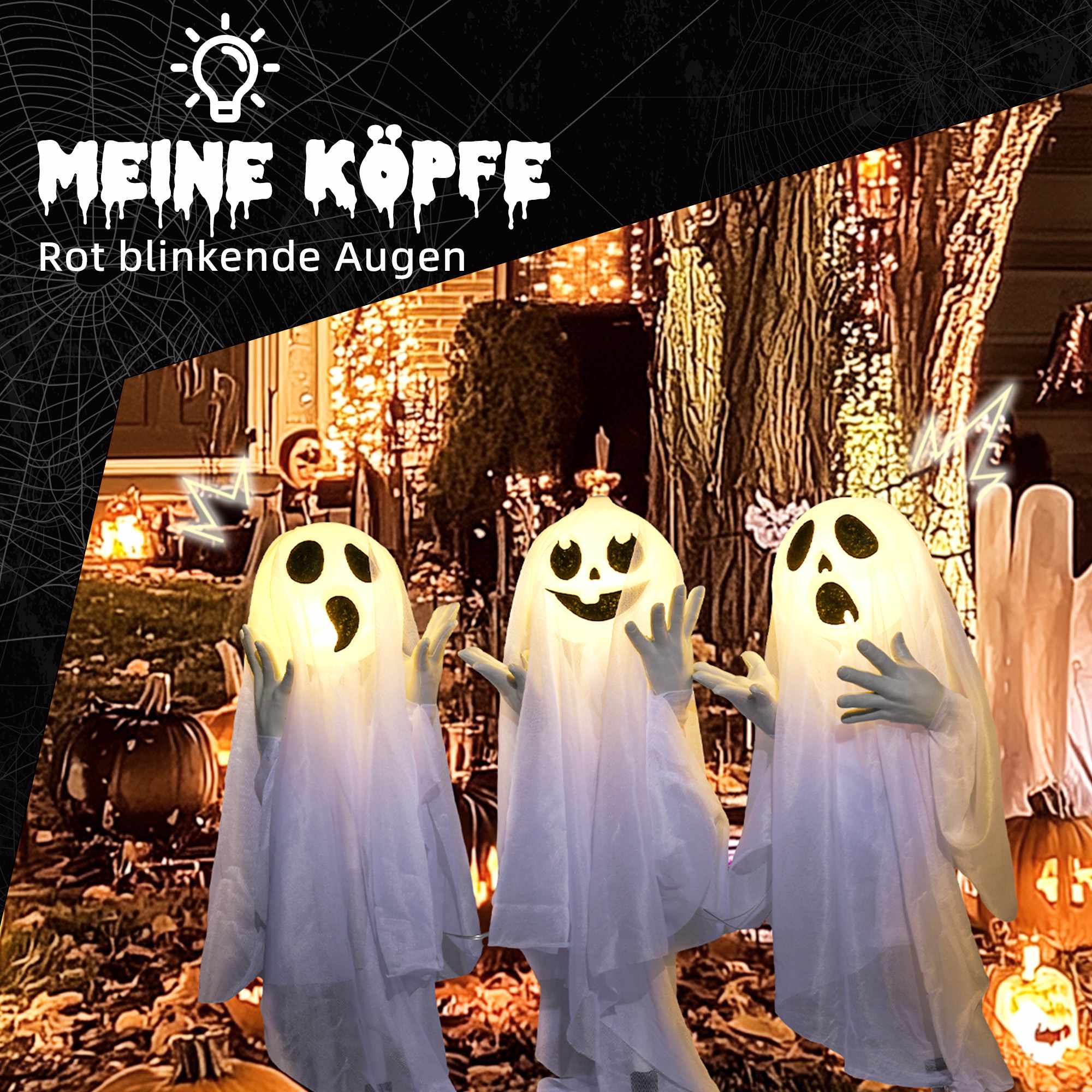 Halloweendekoration – 3 lysande spöken, rörelsesensor, 54x10x60 cm
