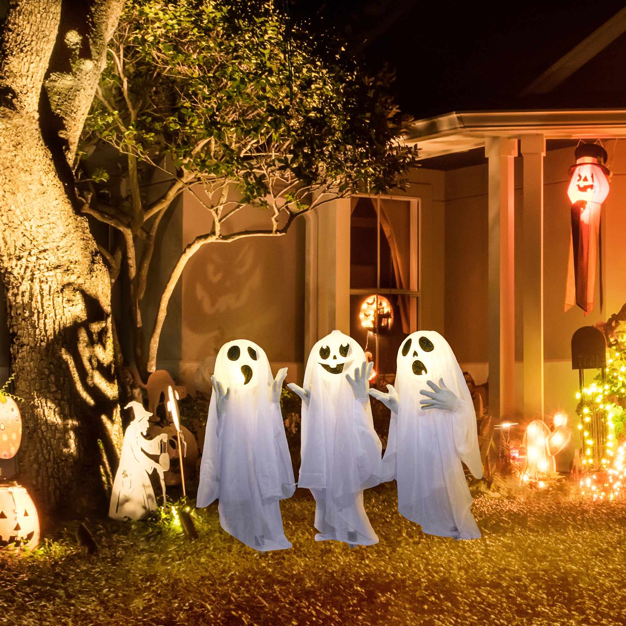Halloweendekoration – 3 lysande spöken, rörelsesensor, 54x10x60 cm
