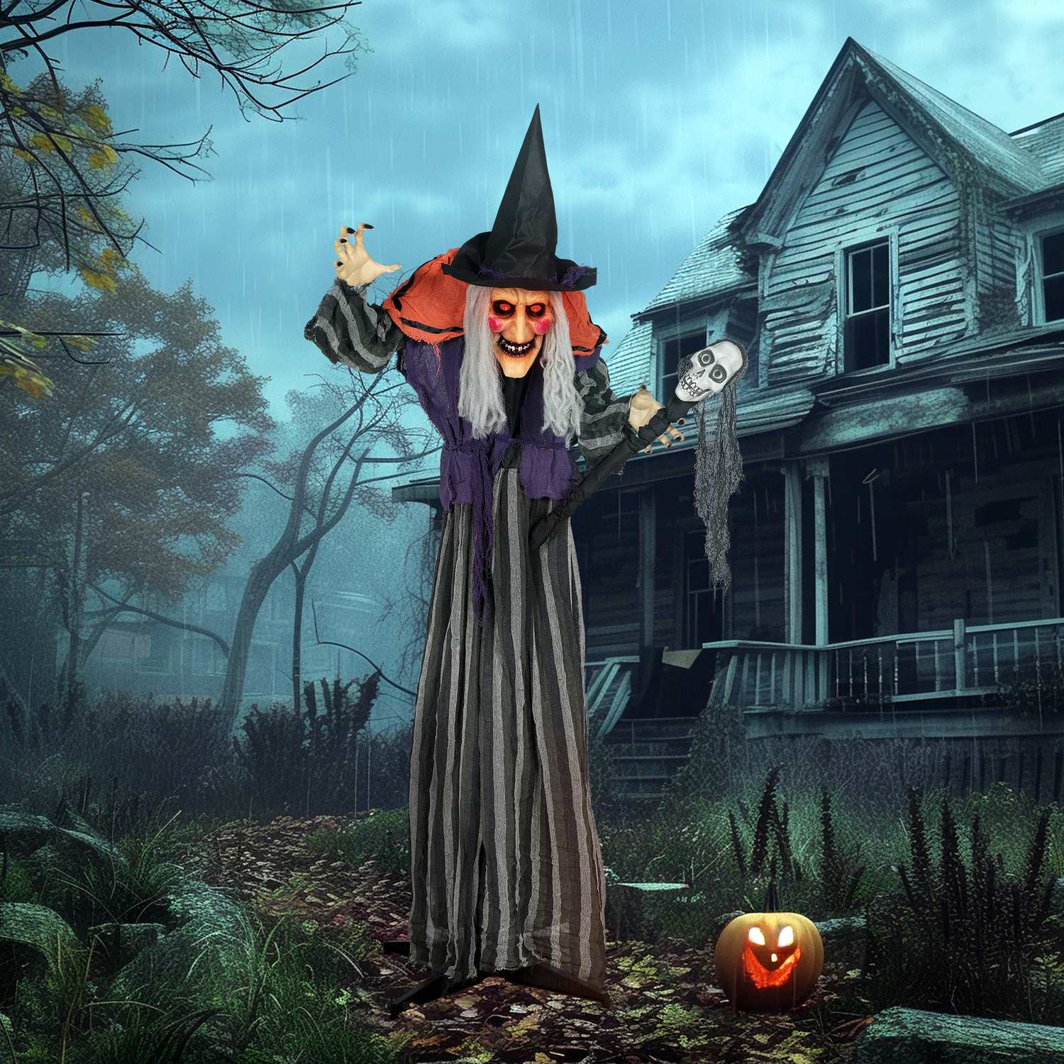Halloween-häxdekoration, 160 cm, LED-lampor, ljud