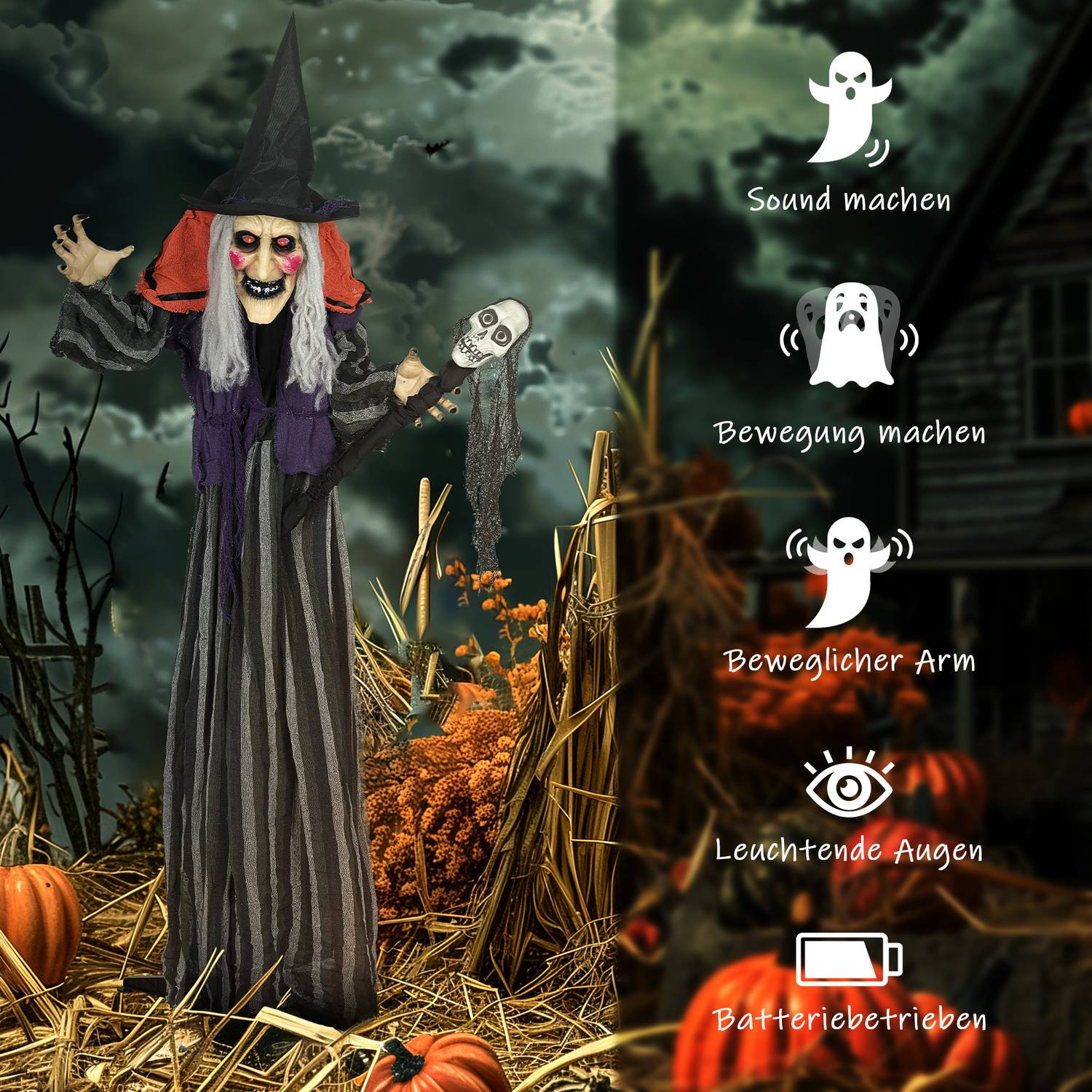 Halloween-häxdekoration, 160 cm, LED-lampor, ljud