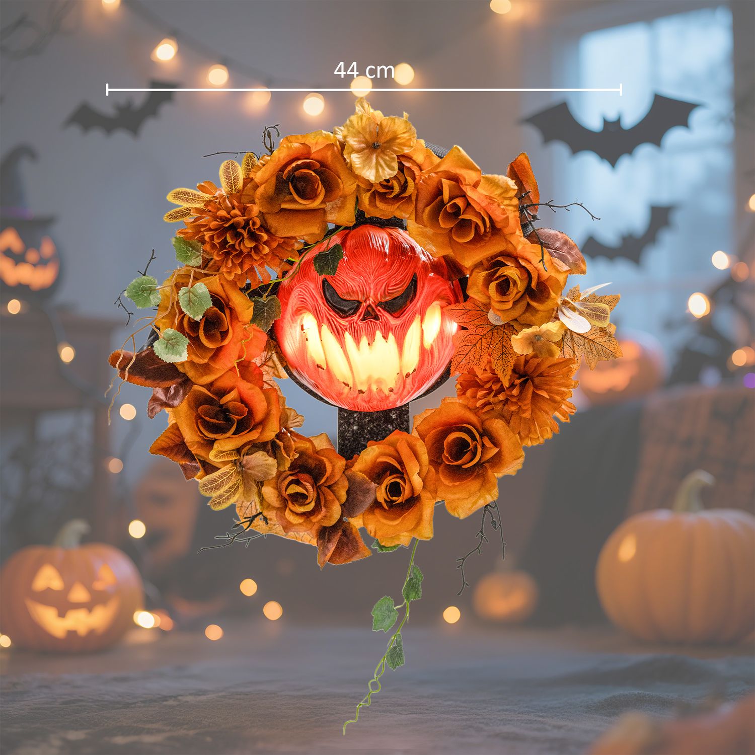 Halloweenkrans, pumpadesign, höstlöv, LED-effekter