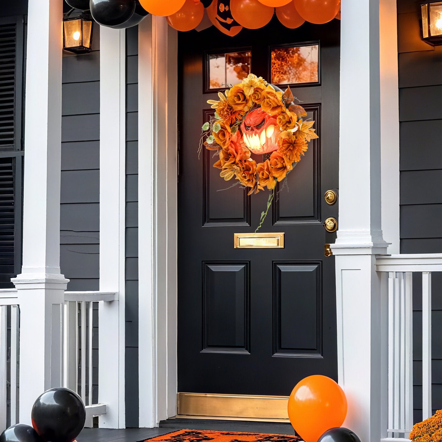 Halloweenkrans, pumpadesign, höstlöv, LED-effekter