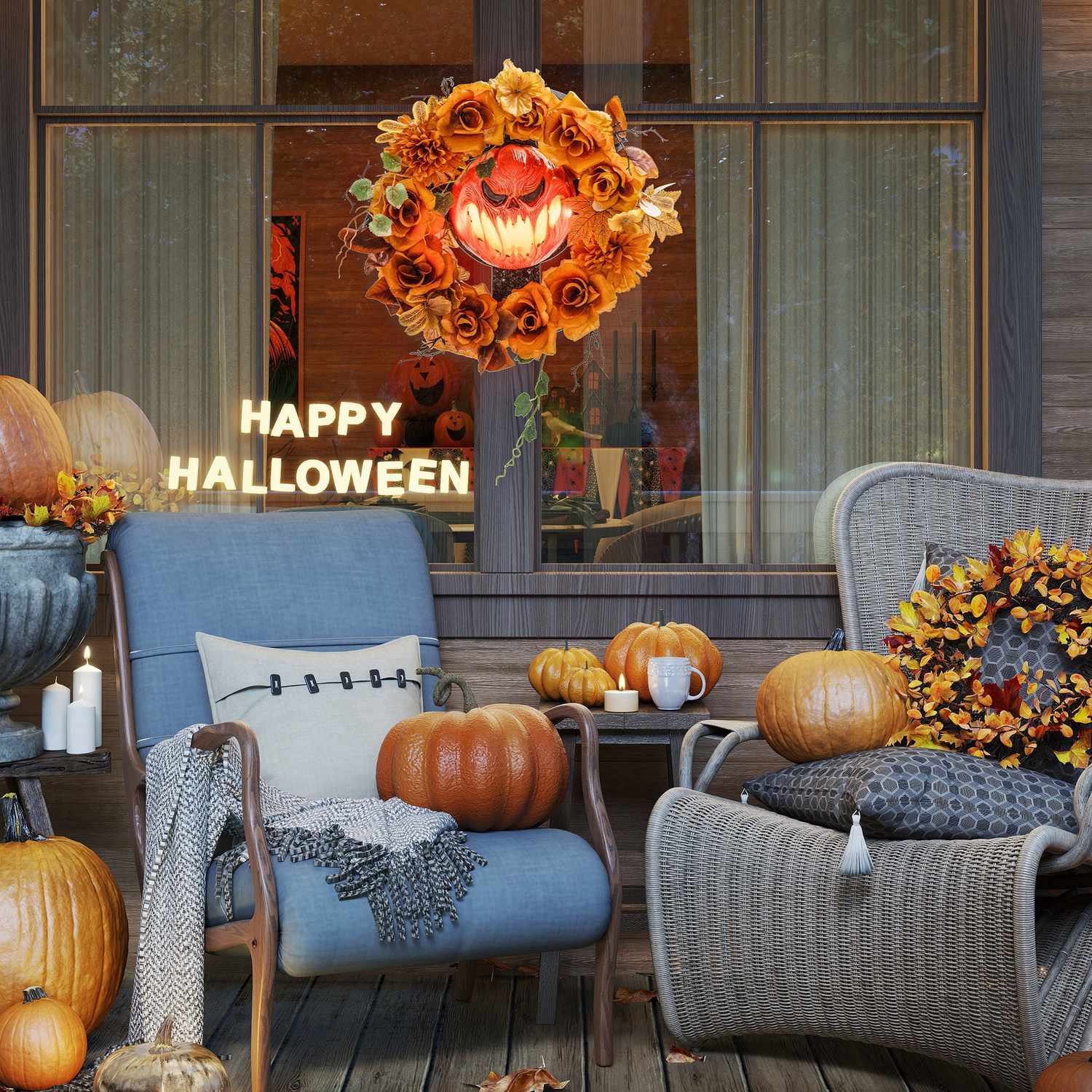 Halloweenkrans, pumpadesign, höstlöv, LED-effekter