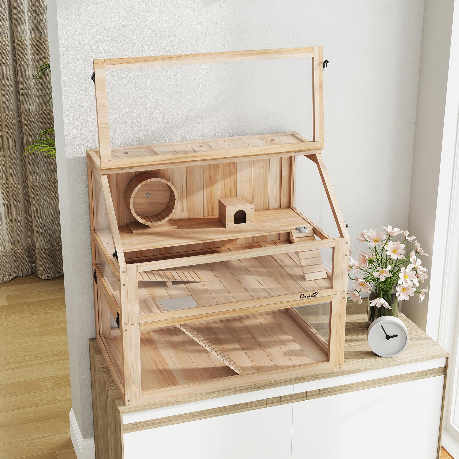 Hamsterbur, 3-vånings trä med leksaker, 80x50x76 cm