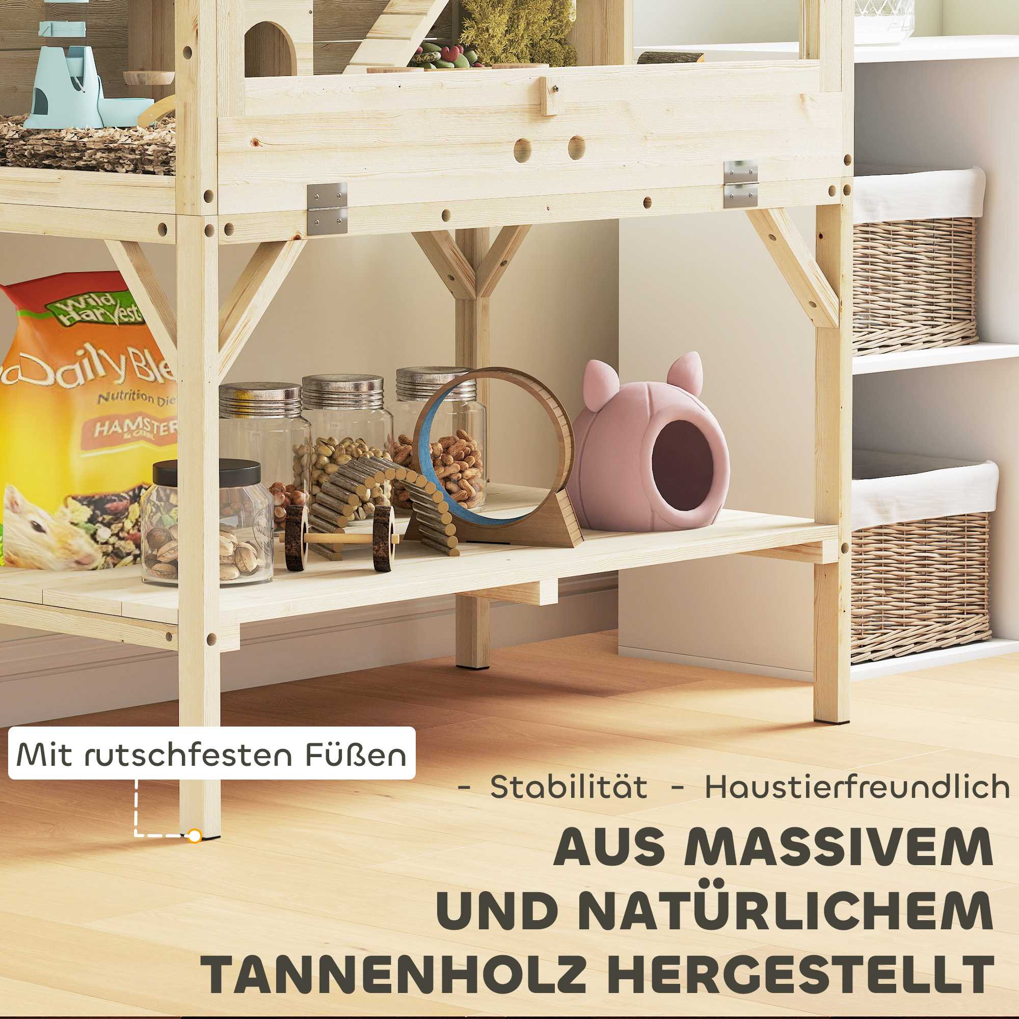 Hamsterbur i två nivåer med förvaring, naturträ, 84x53x110 cm