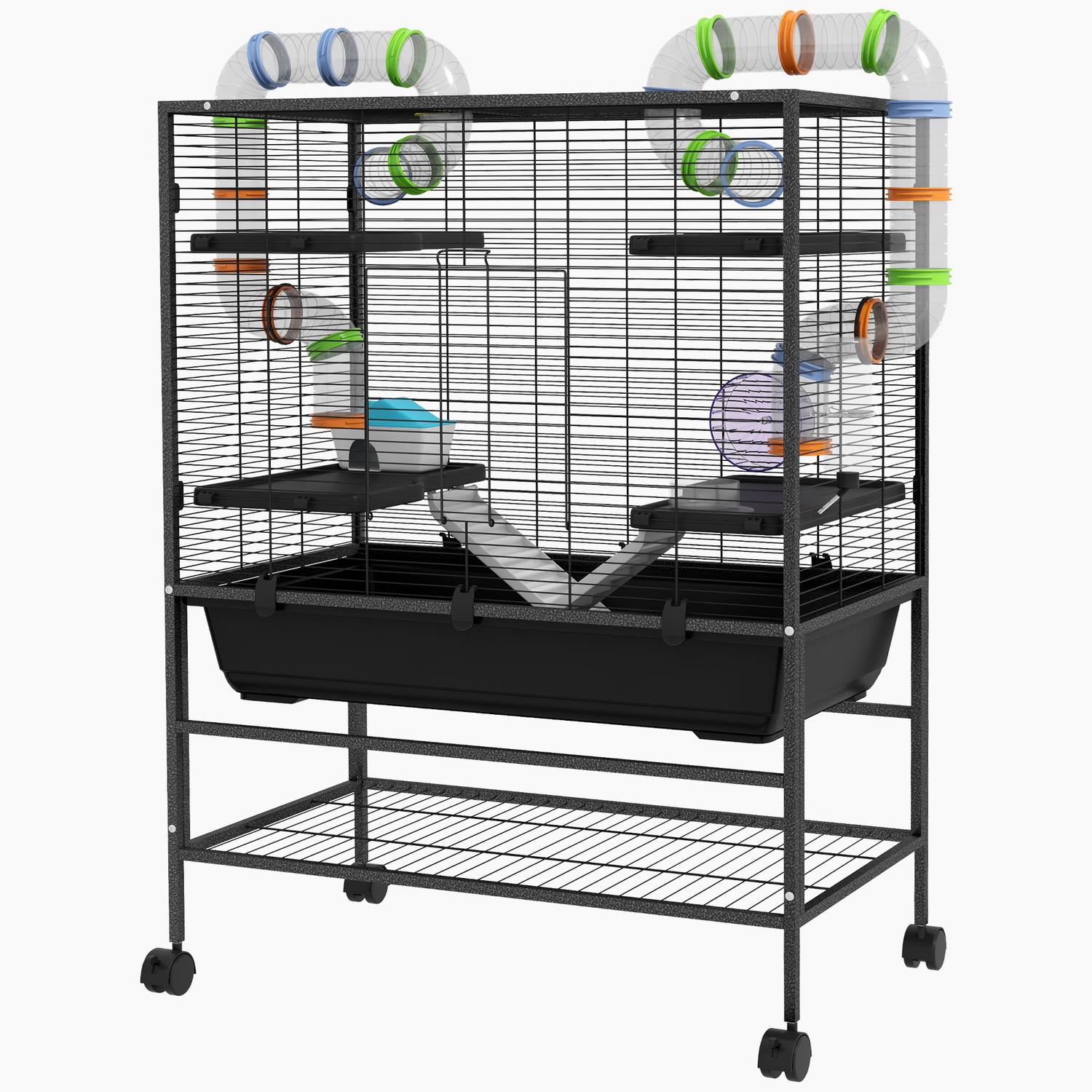 Hamsterbur med hjul och tillbehör, svart