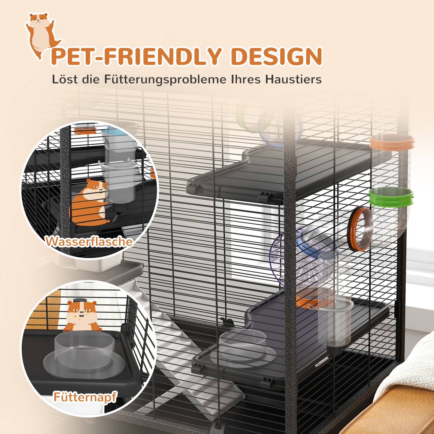Hamsterbur med hjul och tillbehör, svart