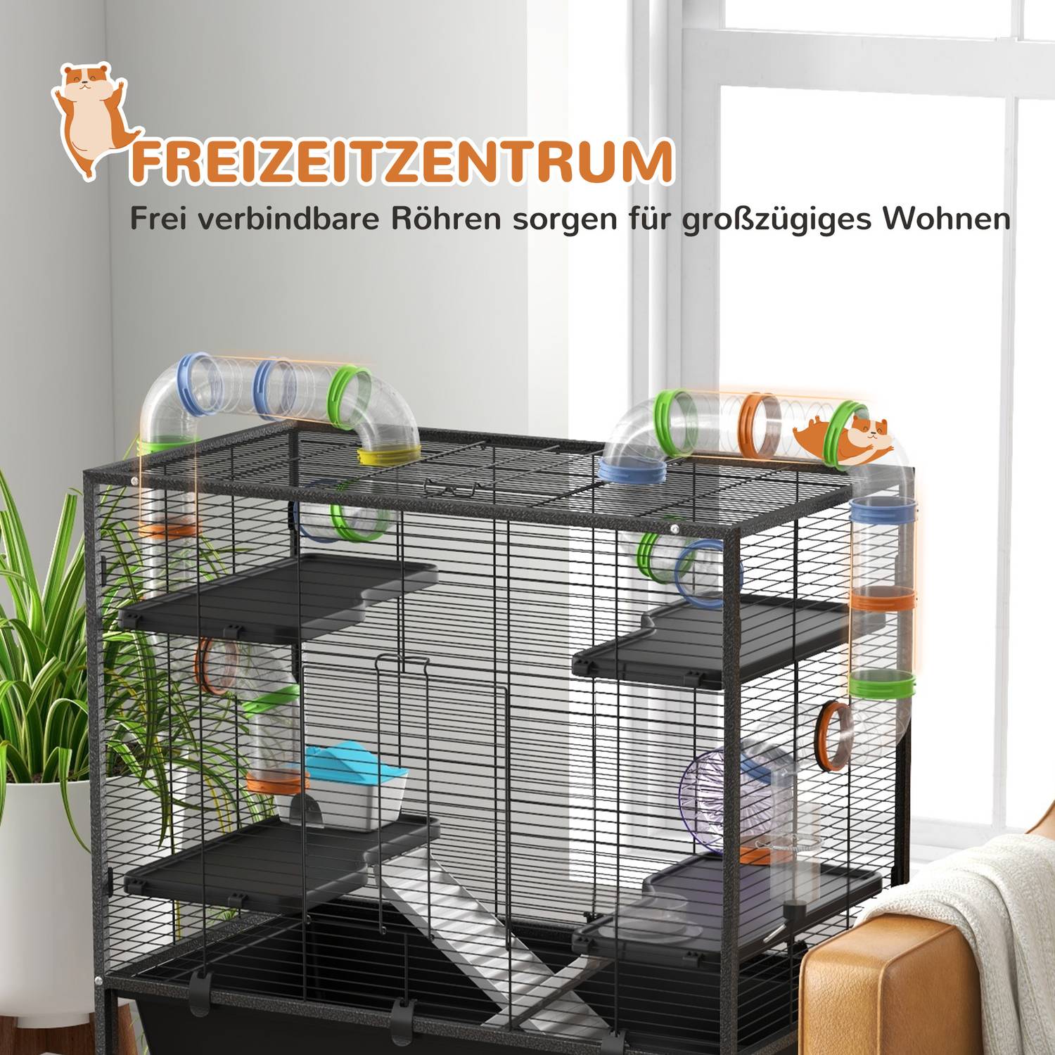 Hamsterbur med hjul och tillbehör, svart