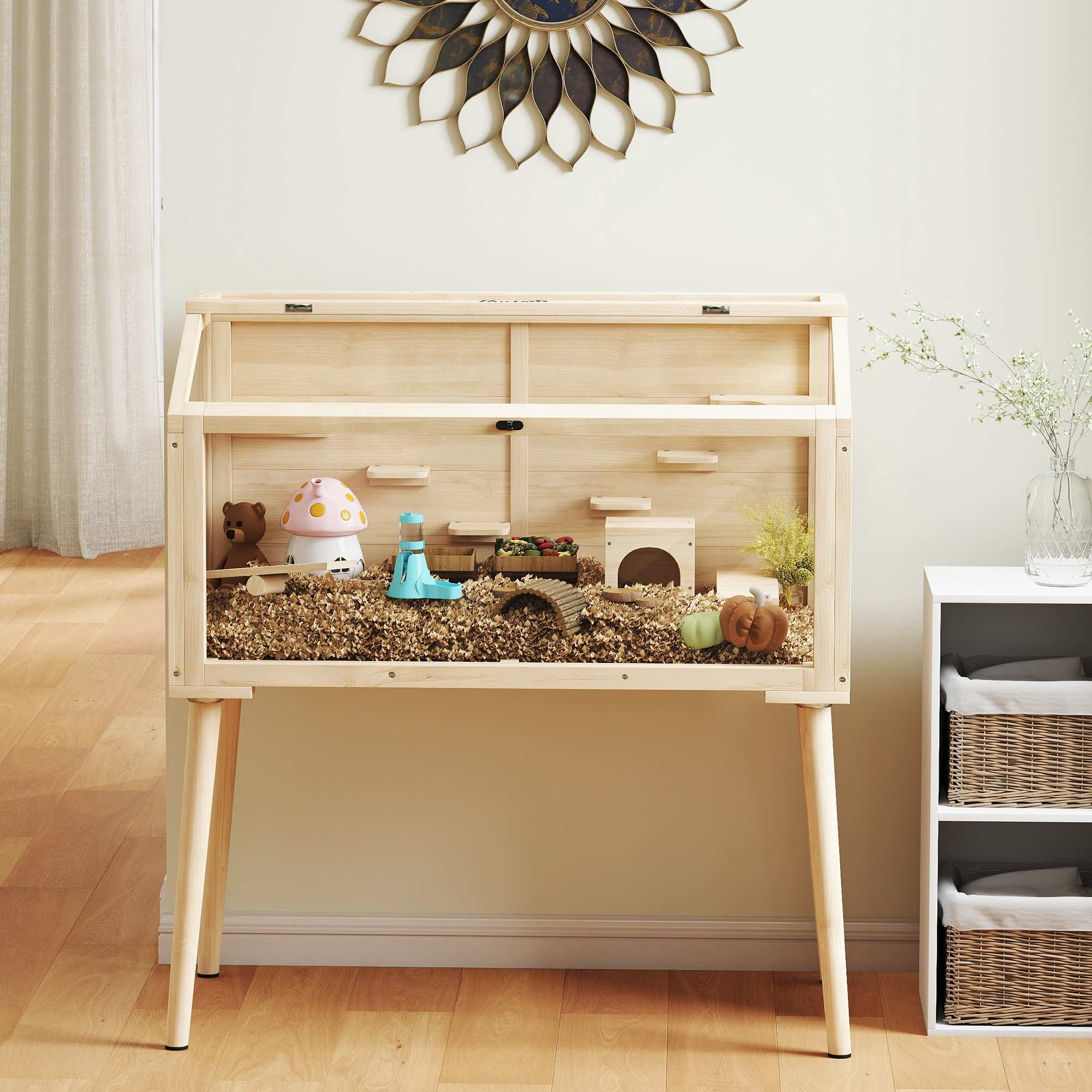 Hamsterbur med tillbehör, 110x52x101 cm, trä/plast