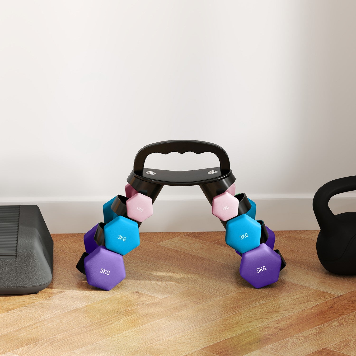 Hantelset med ställ – 6 vikter: 2x1kg, 2x3kg, 2x5kg