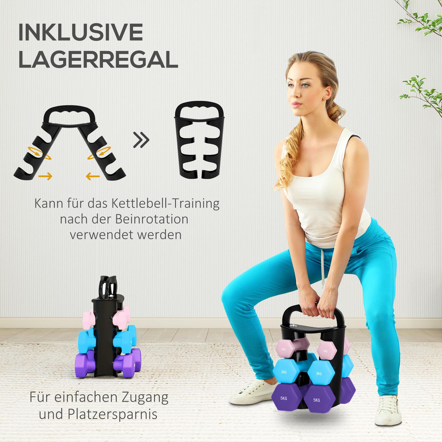 Hantelset med ställ – 6 vikter: 2x1kg, 2x3kg, 2x5kg