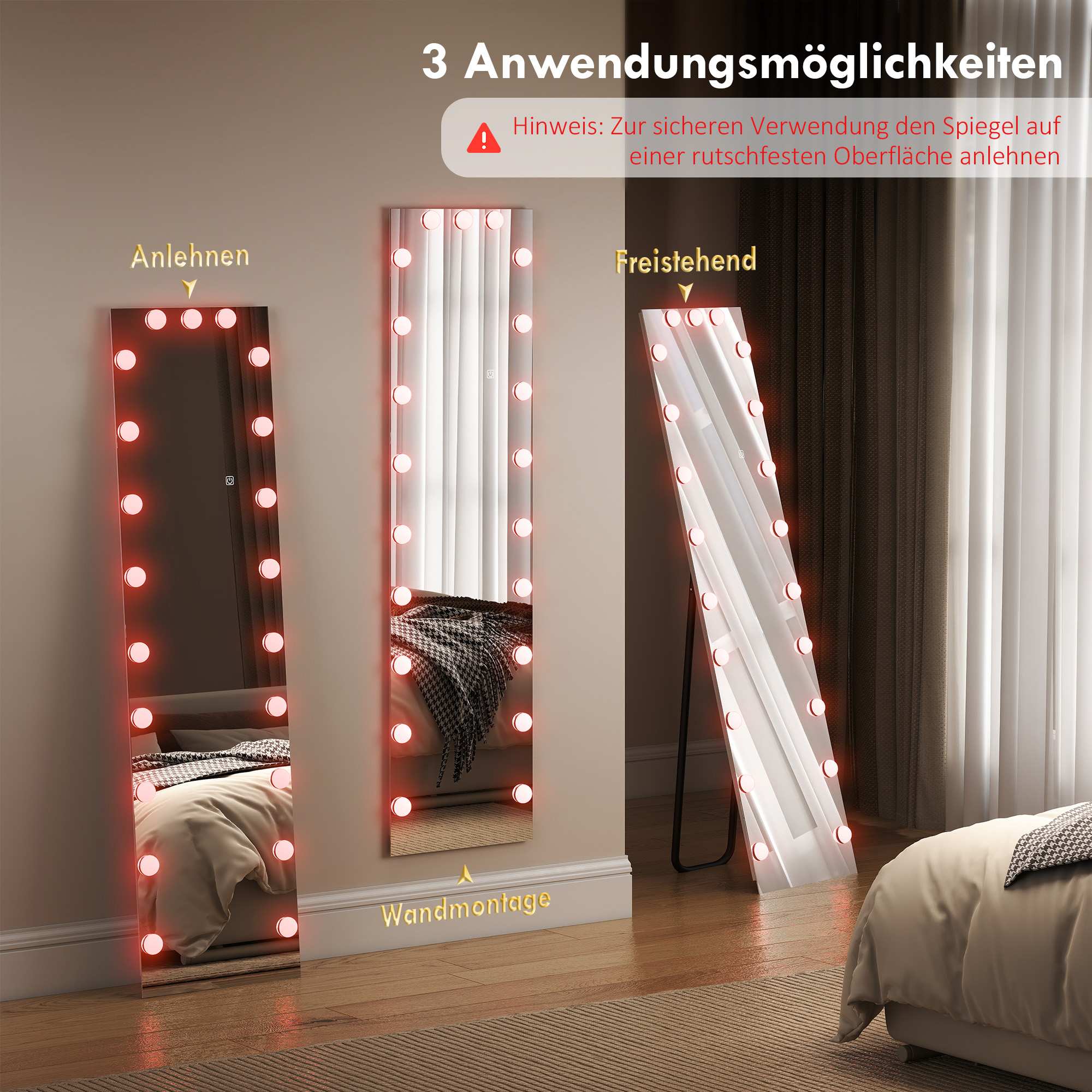 Helkroppsspegel 150x40 cm, RGB LED, Pekskärm, Minne