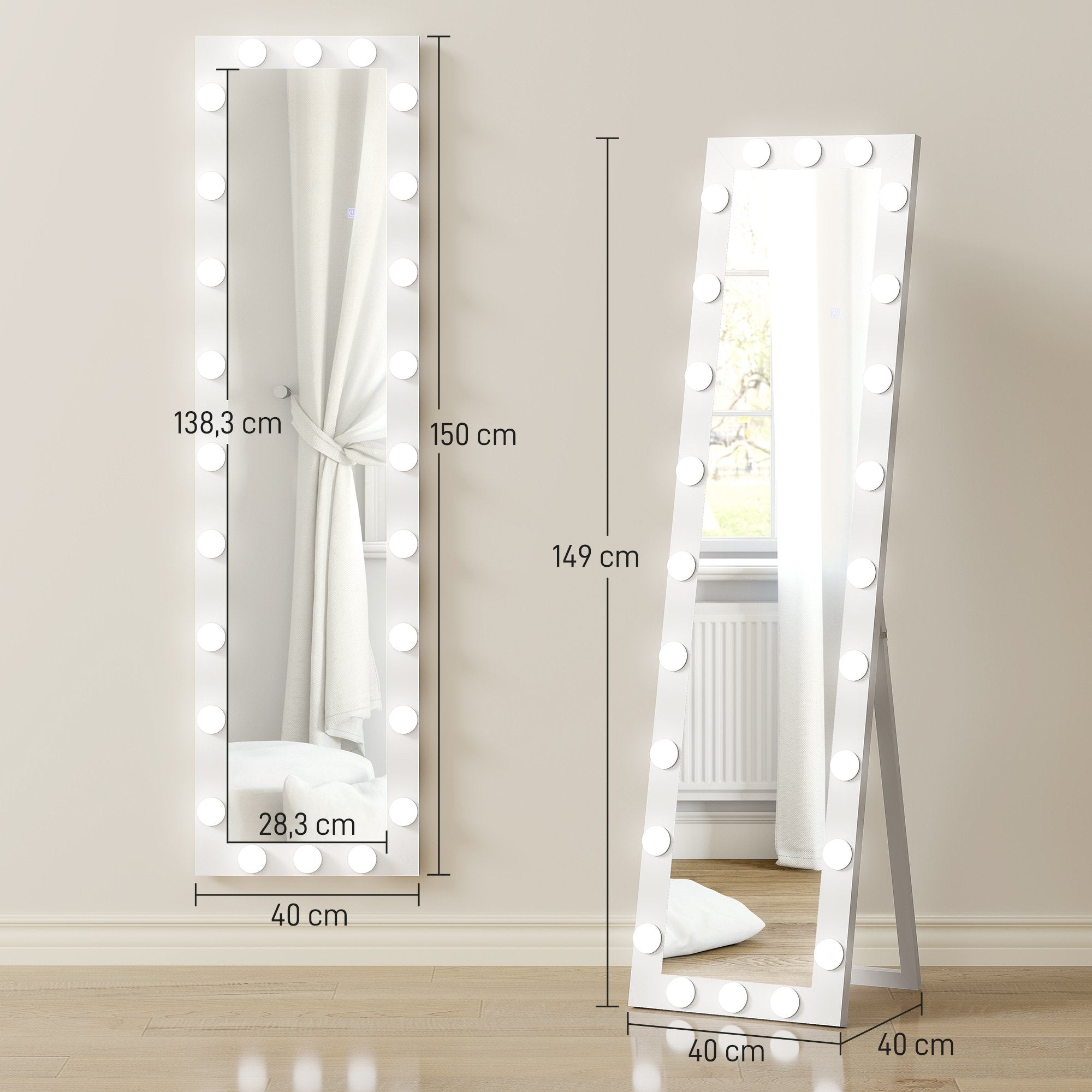 Helkroppsspegel 150x40 cm med LED-lampor, 3 ljuslägen