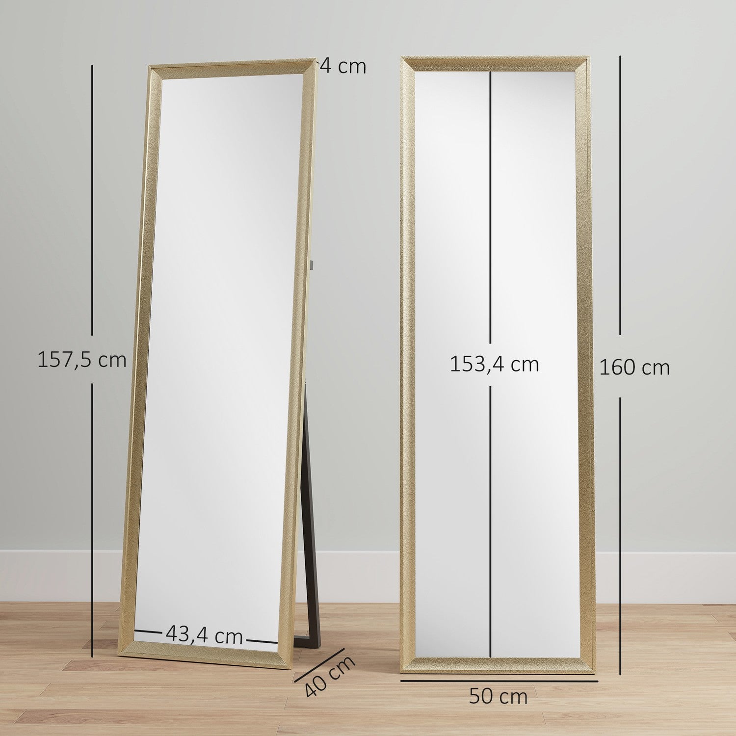 Helkroppsspegel, flexibel placering, 160x50 cm, guld