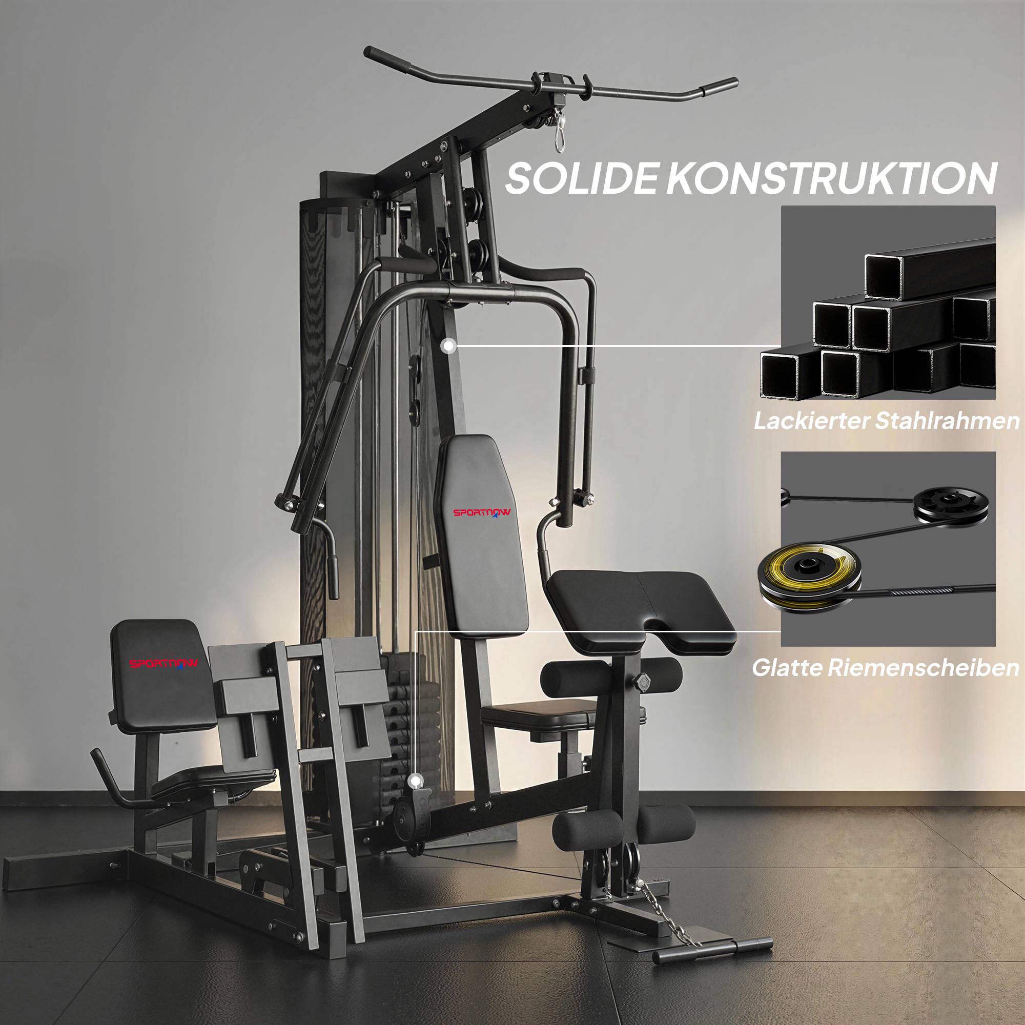 Hemmagymstation med benpress, justerbar sits, 65 kg vikter
