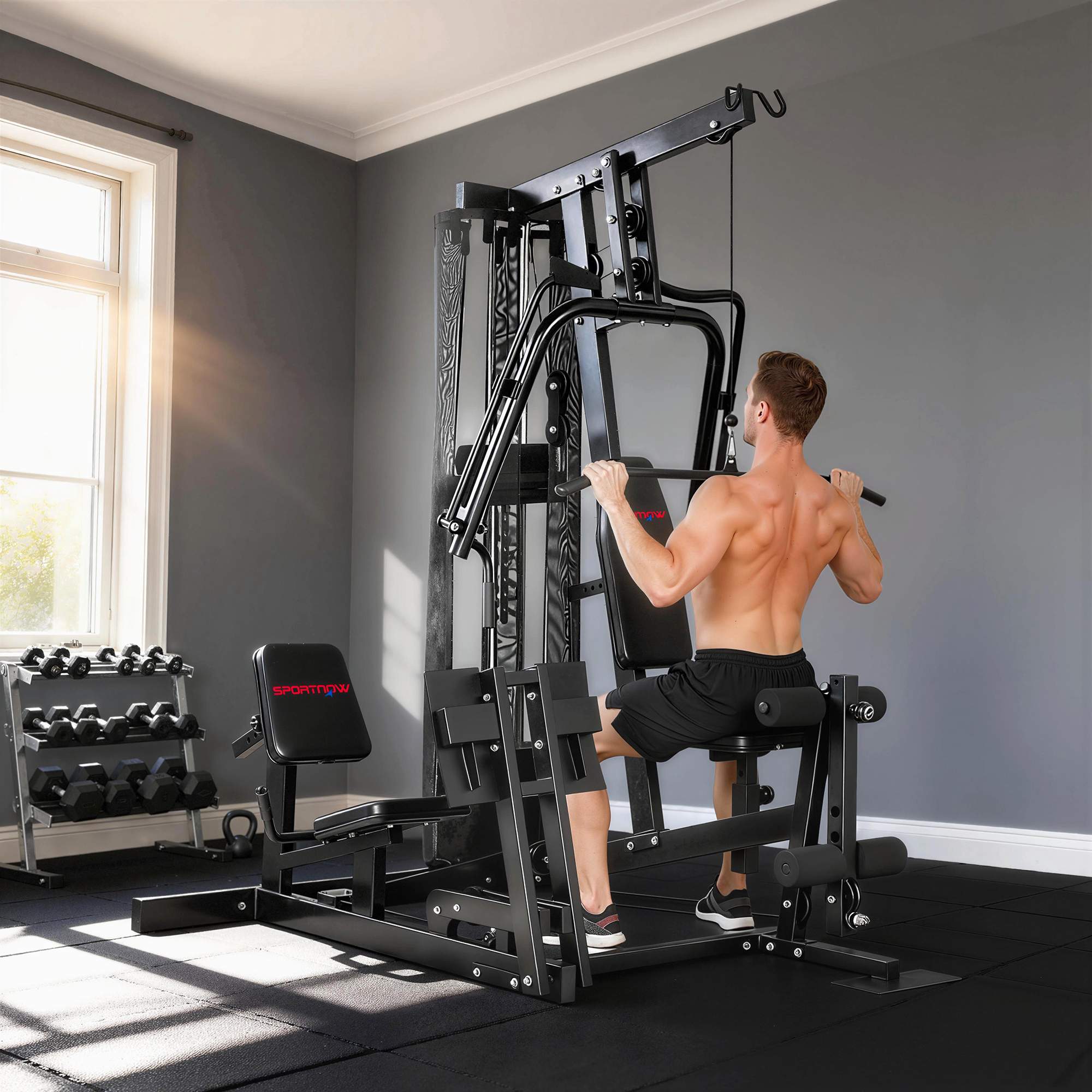 Hemmagymstation med benpress, justerbar sits, 65 kg vikter