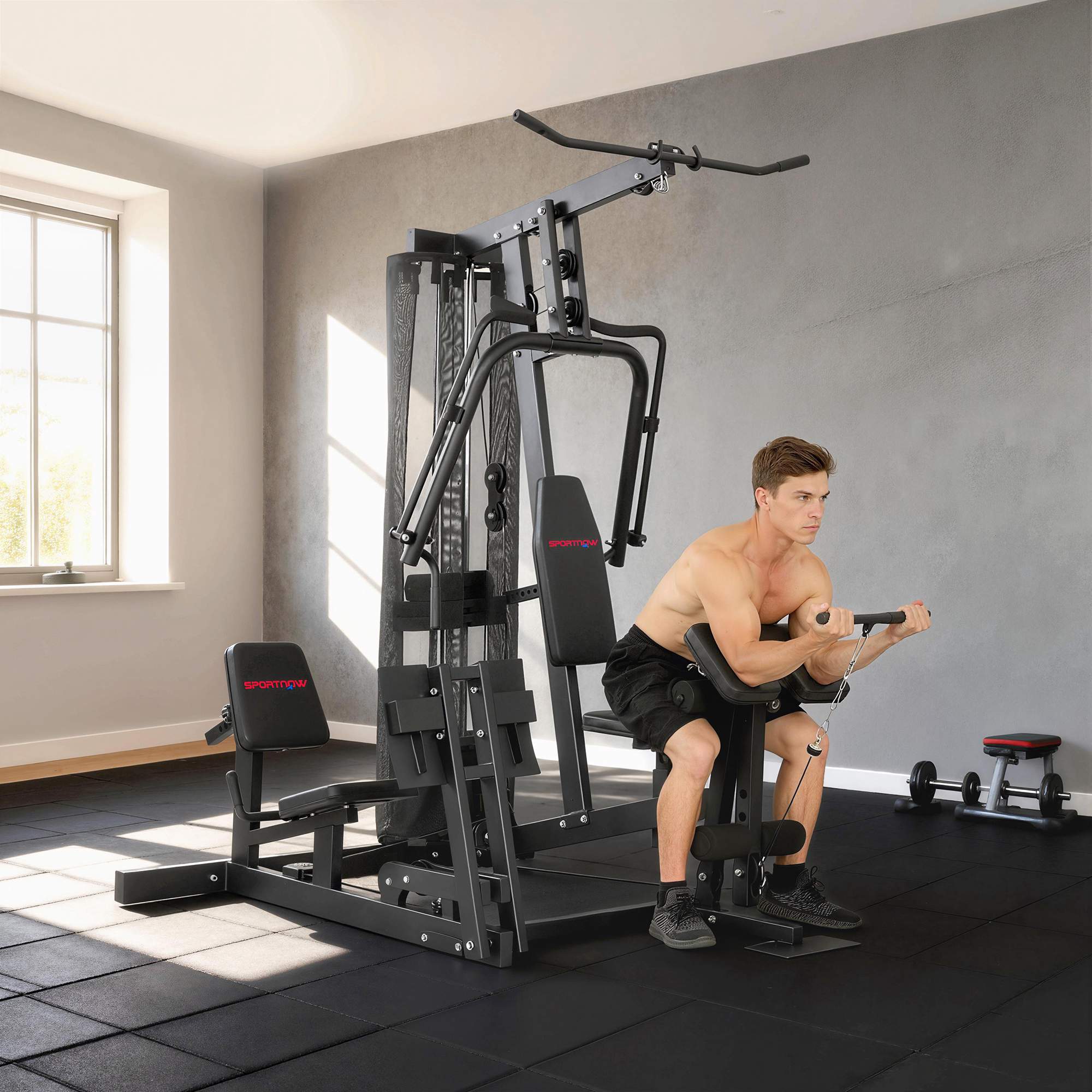 Hemmagymstation med benpress, justerbar sits, 65 kg vikter