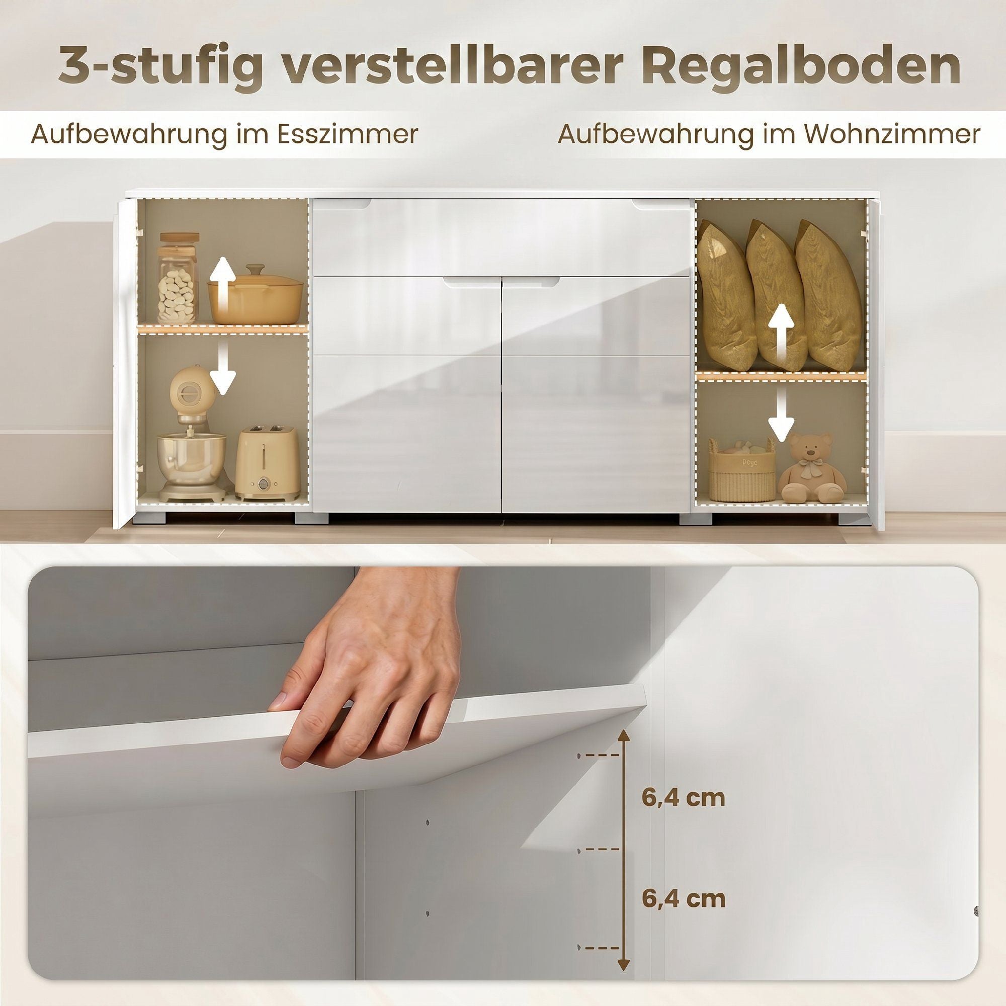 Högblank vit skänk, 4 dörrar, justerbara hyllor