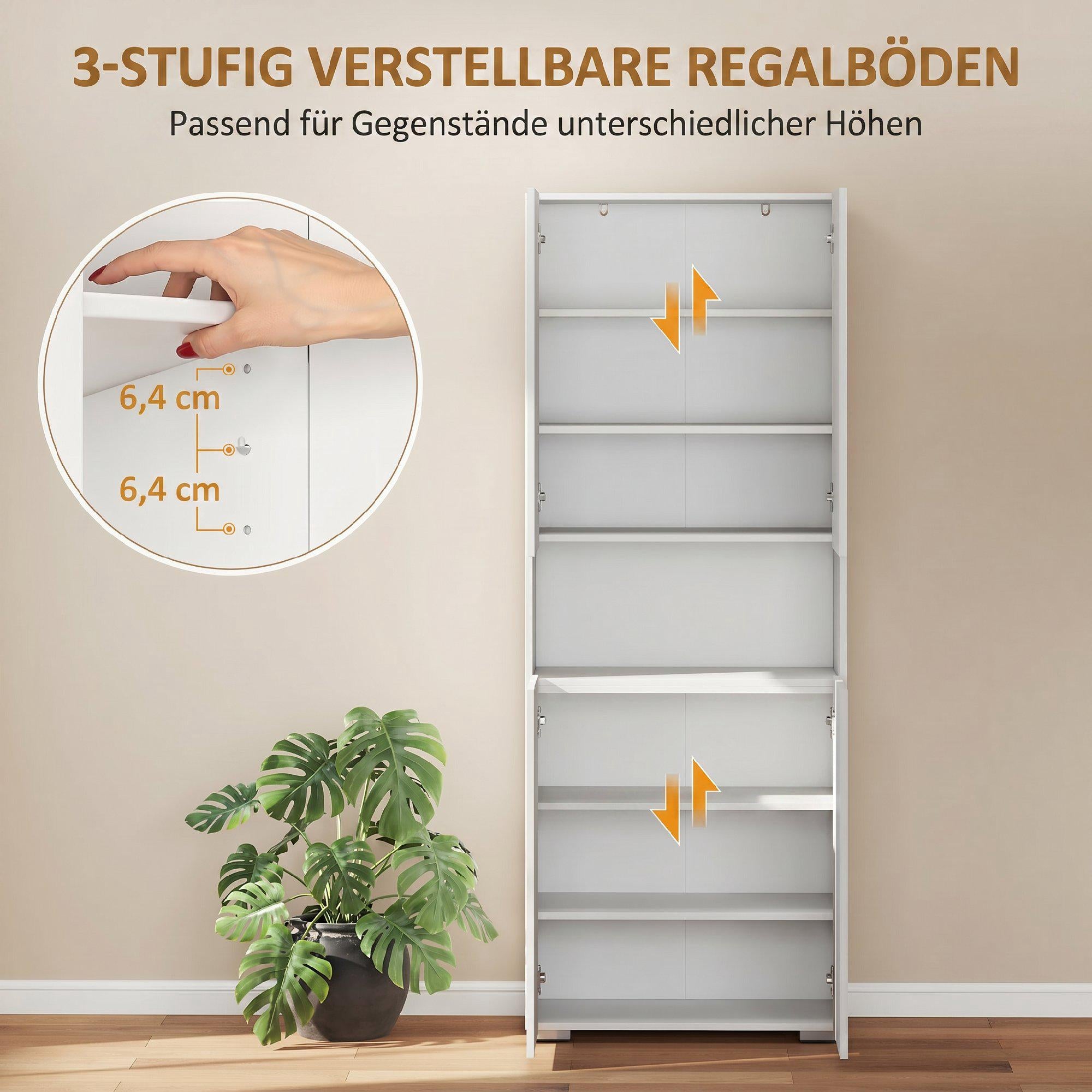 Högt köksskafferiskåp, justerbara hyllor, blank vit