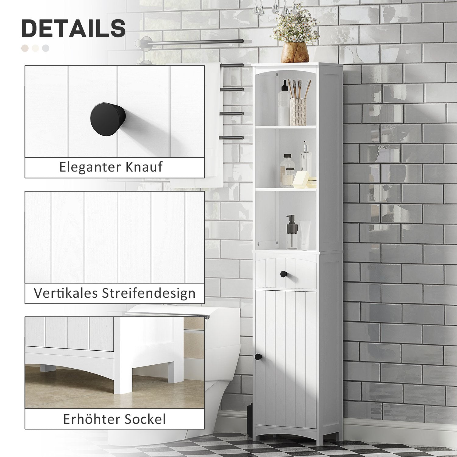 Högt vitt badrumsskåp med 3 hyllor & låda