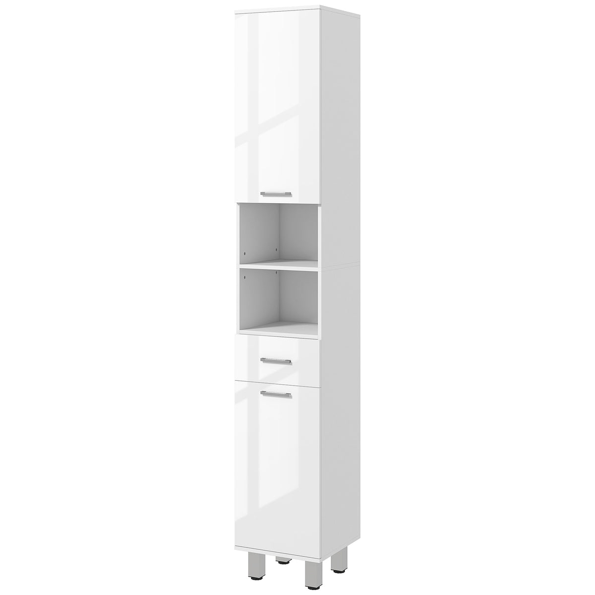 Armoire de salle de bain haute blanche avec étagère réglable et tiroirs