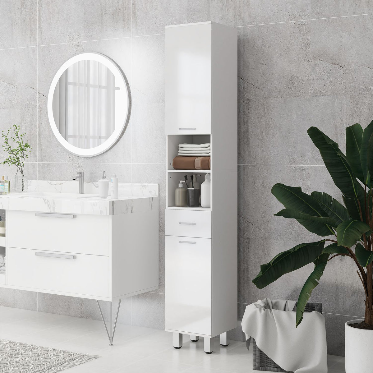 Armoire de salle de bain haute blanche avec étagère réglable et tiroirs