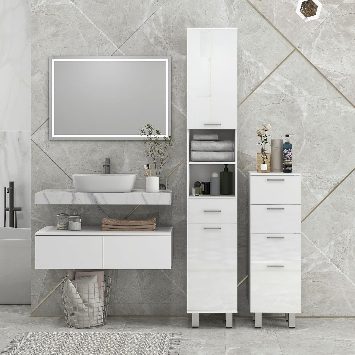 Armoire de salle de bain haute blanche avec étagère réglable et tiroirs