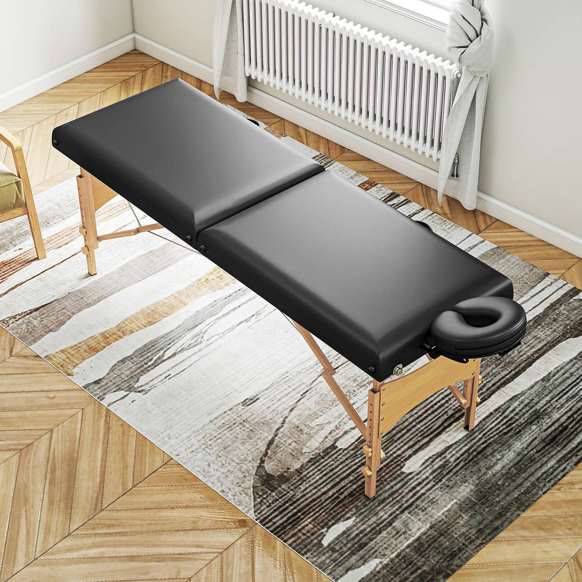 Höjdjusterbar massagebänk, träram, hopfällbar massagebädd, skumstoppning, svart