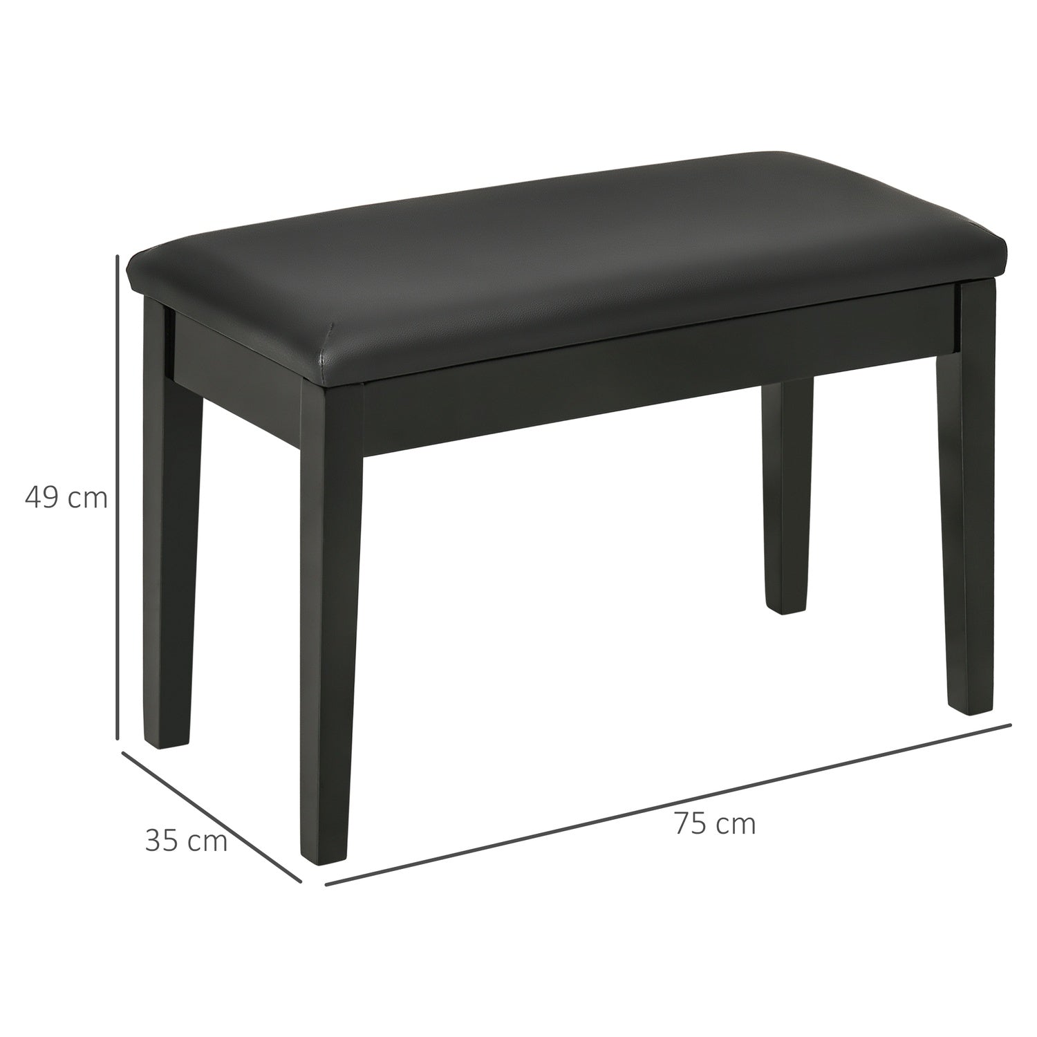 Höjdjusterbar svart pianobänk med förvaring, 75x35x49 cm