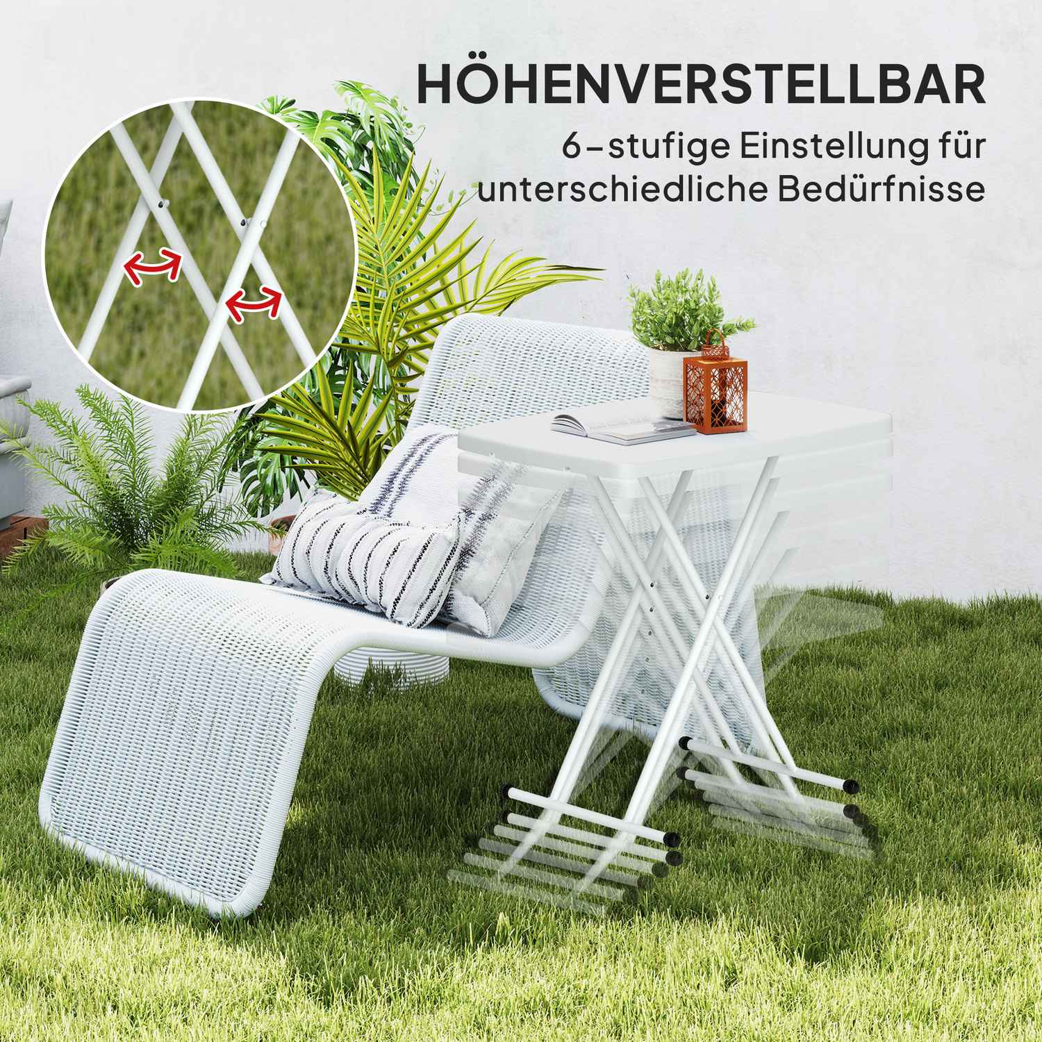 Höjdjusterbart hopfällbart trädgårdsbord i plast – Användning utomhus/inomhus