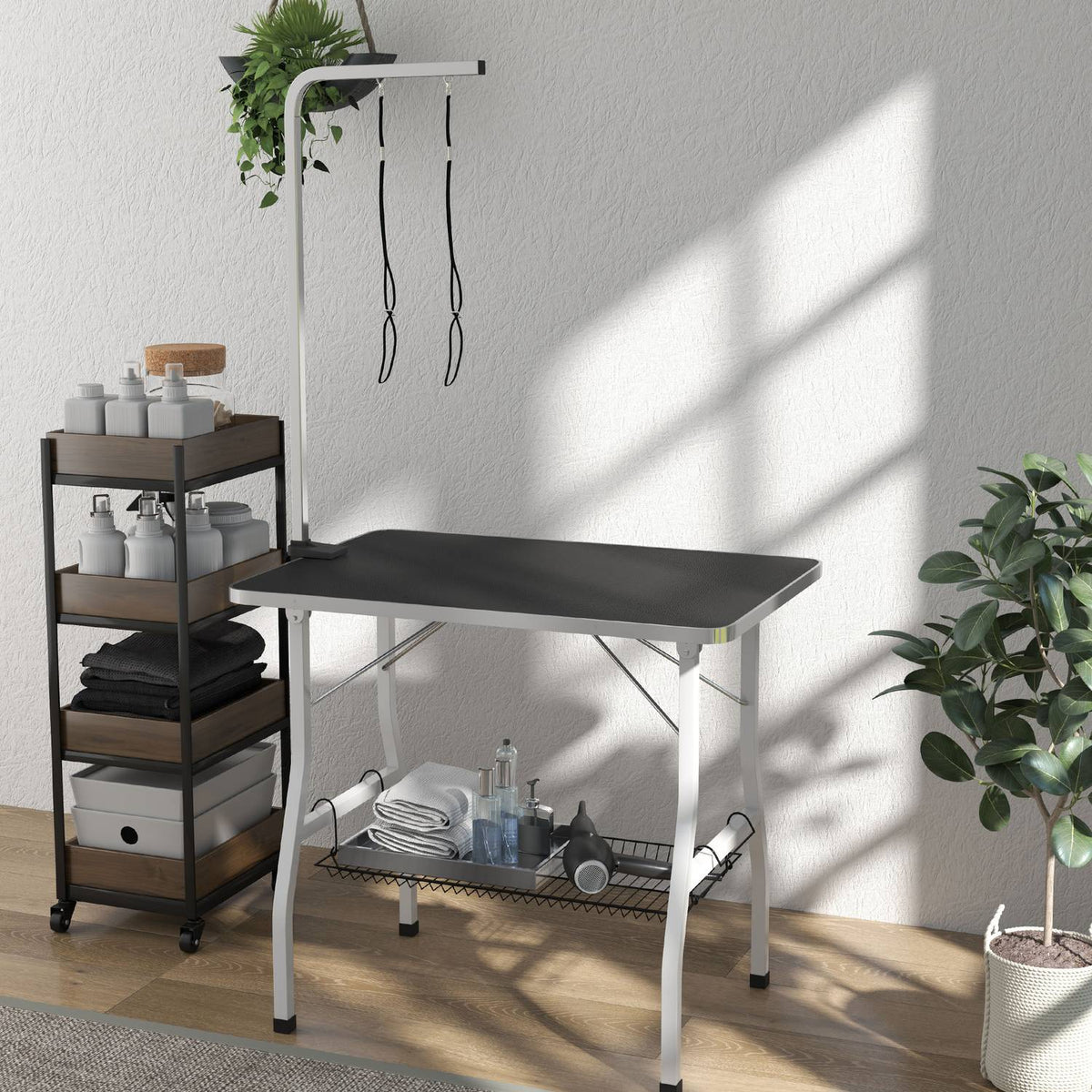 Table de toilettage pour chien réglable en hauteur, pliante avec sangles de levage