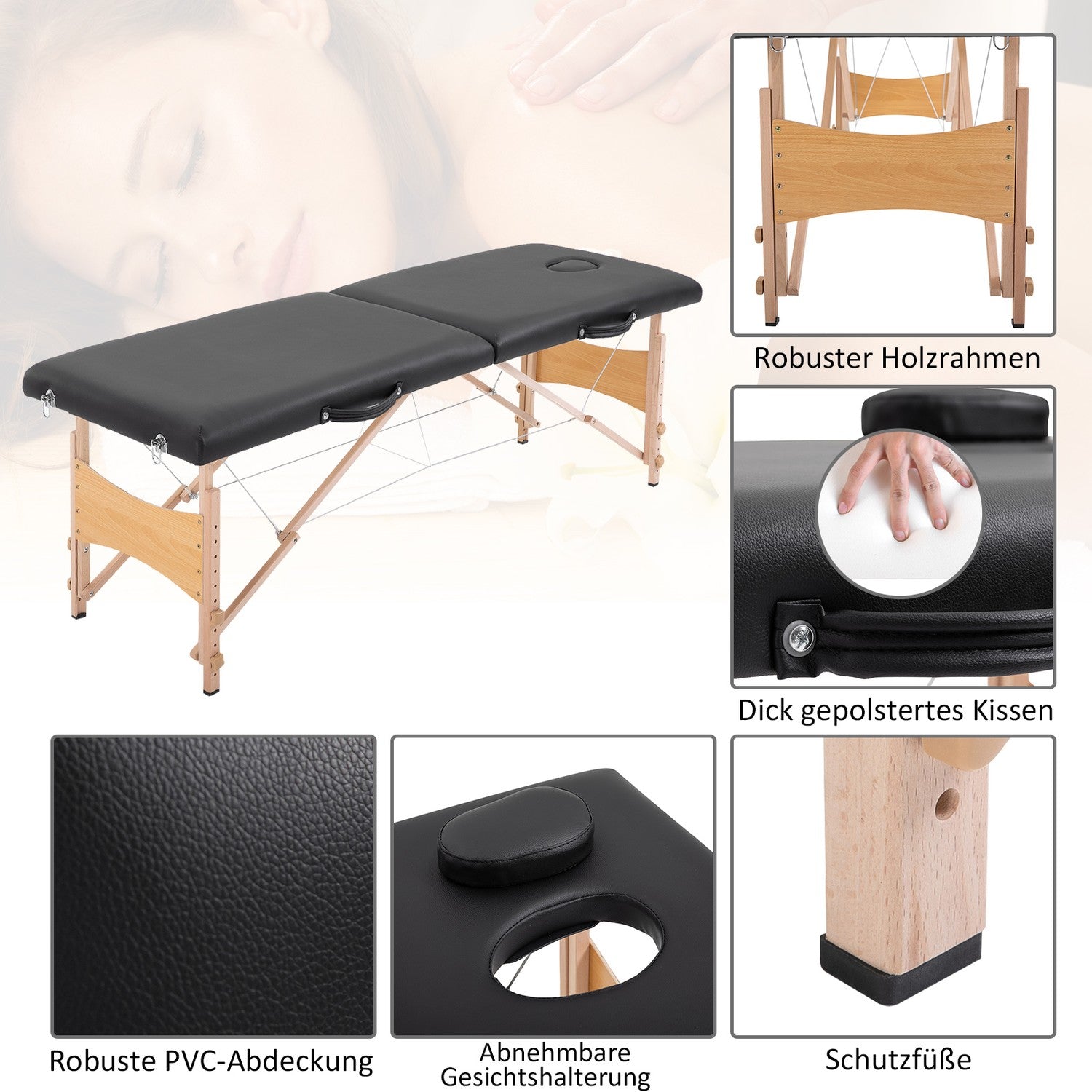 Höjdjusterbart massagebord i svart skum – poppelträ