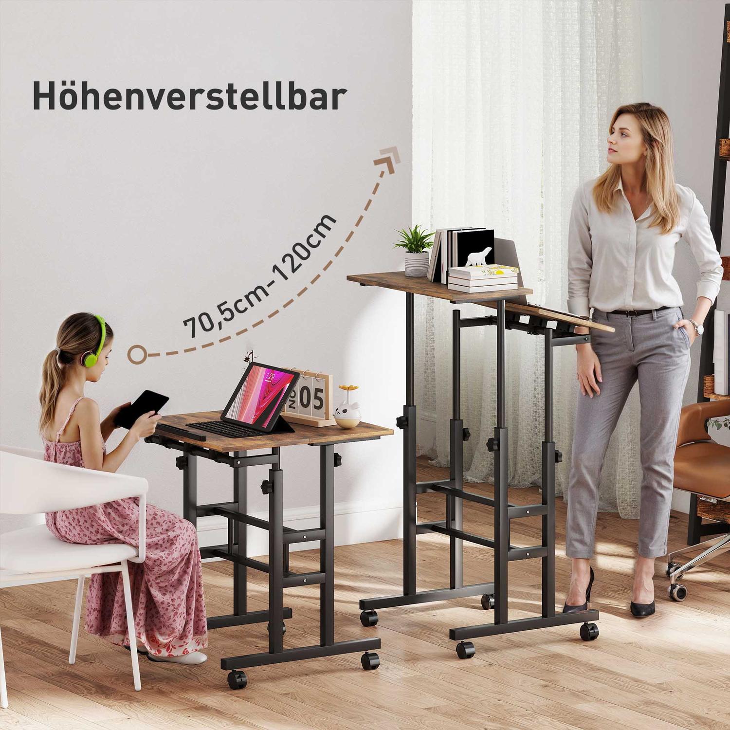 Höjdjusterbart skrivbord med hylla och hjul, rustik brun