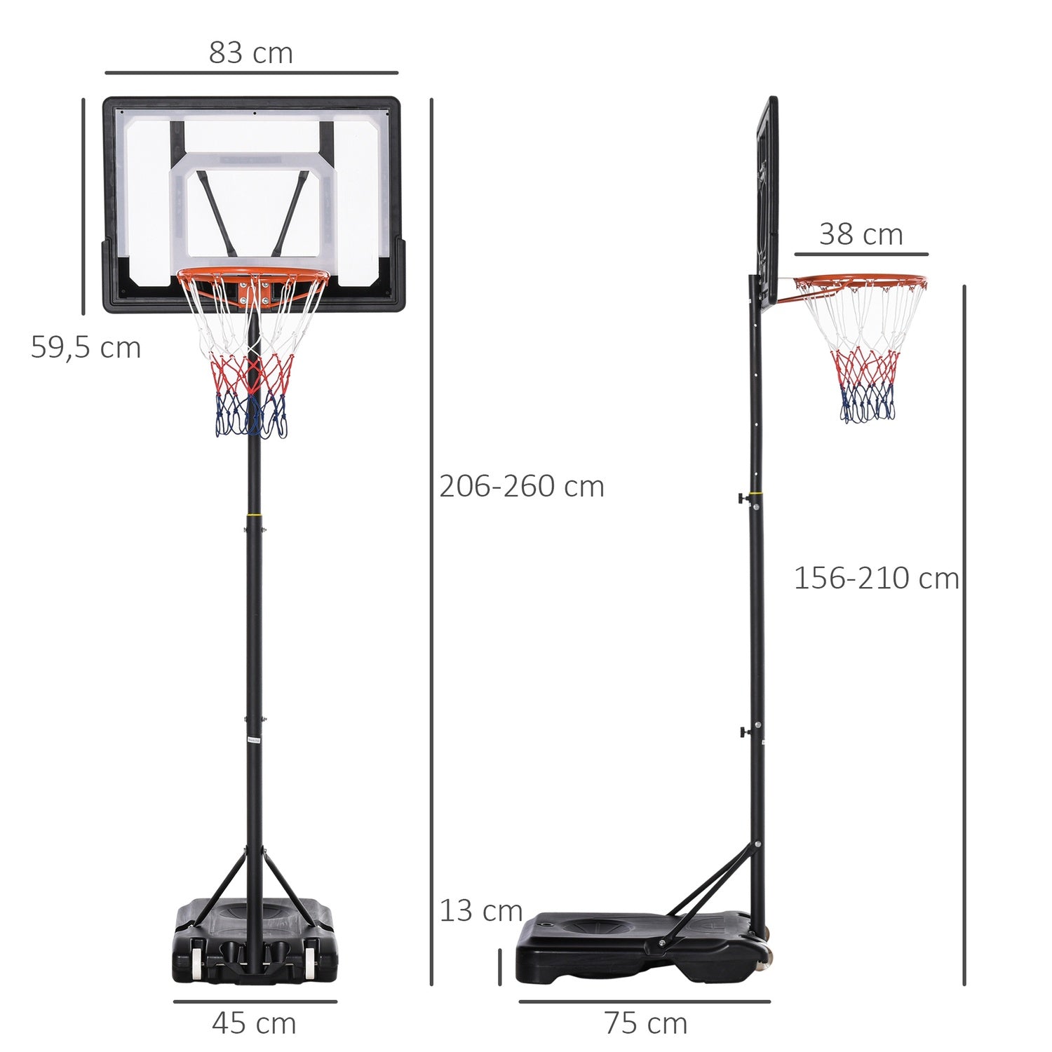 Höjdjusterbar utomhusbasketbåge med hjul, svart