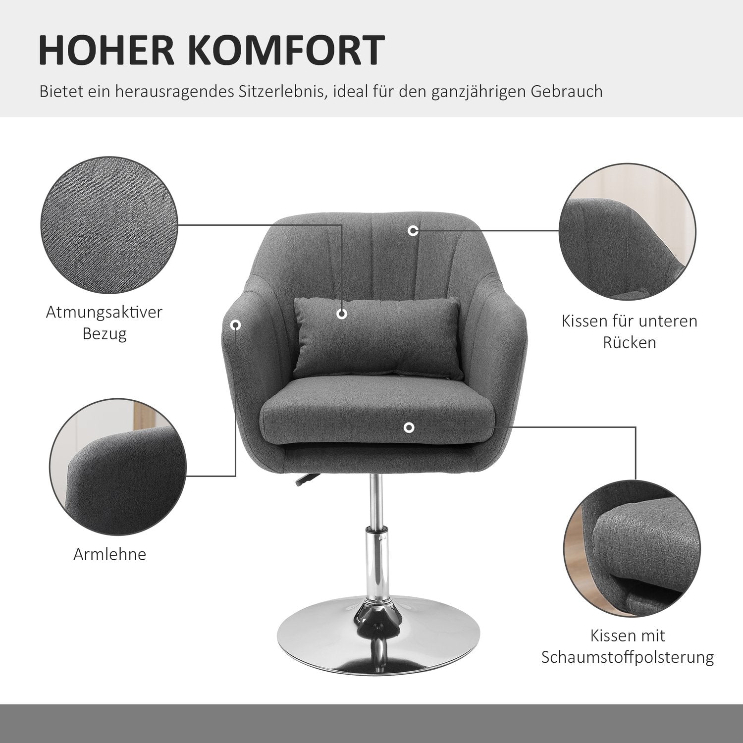 Höjdjusterbar vridbar kontorsstol, mörkgrå linne